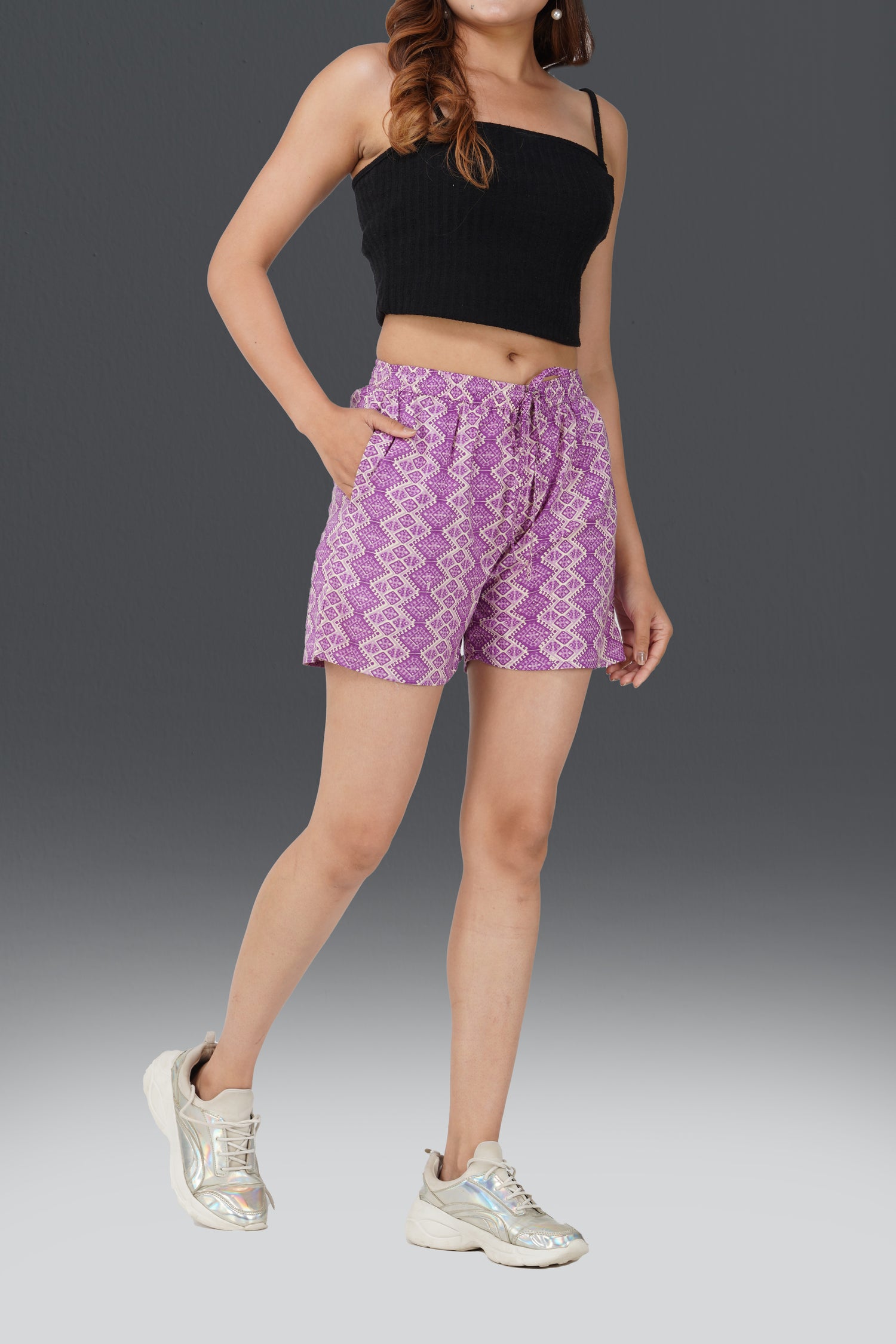 Purple Cotton Printed Shorts