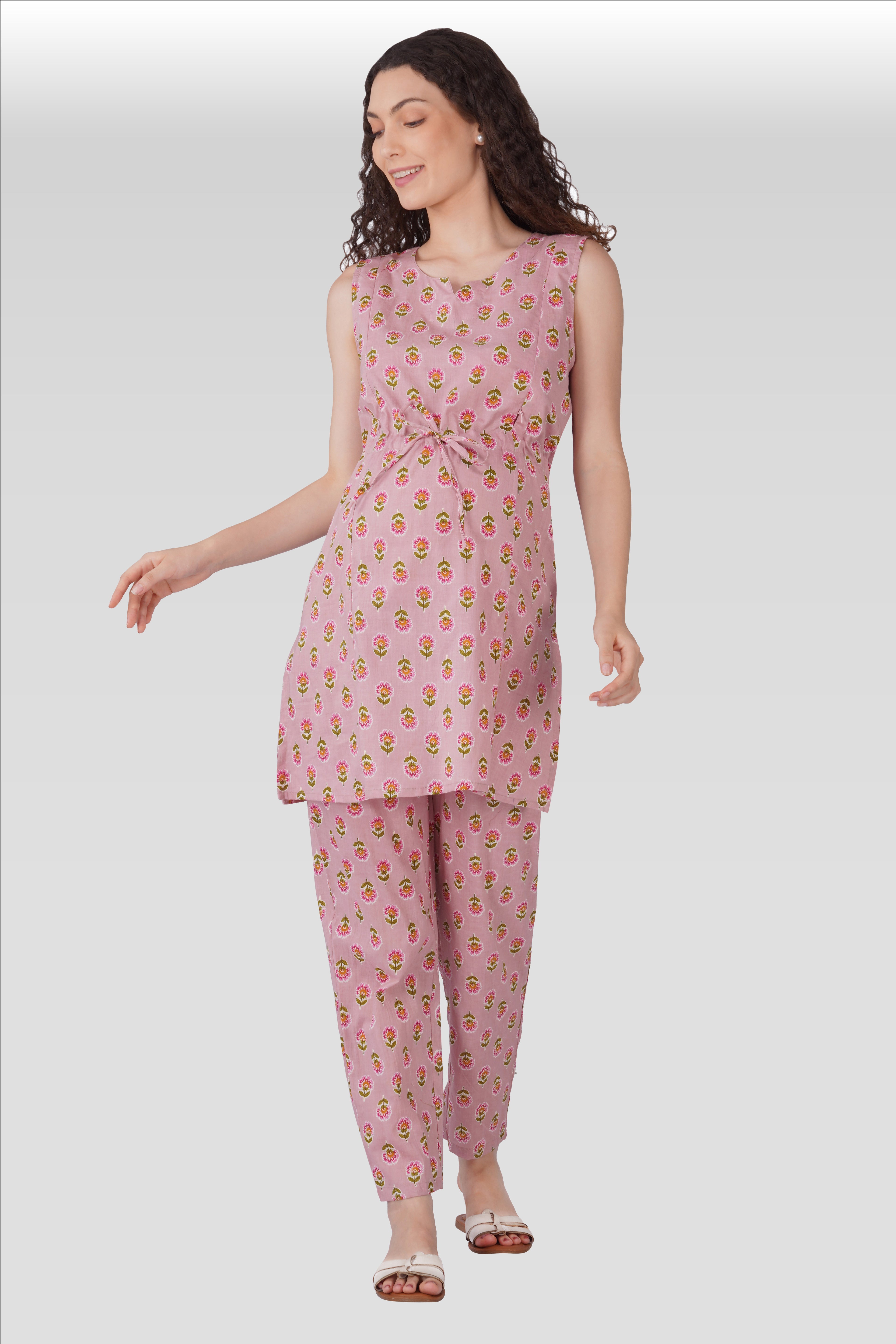 Pale Pink Cotton Printed Maternity and Feeding Kurta Set