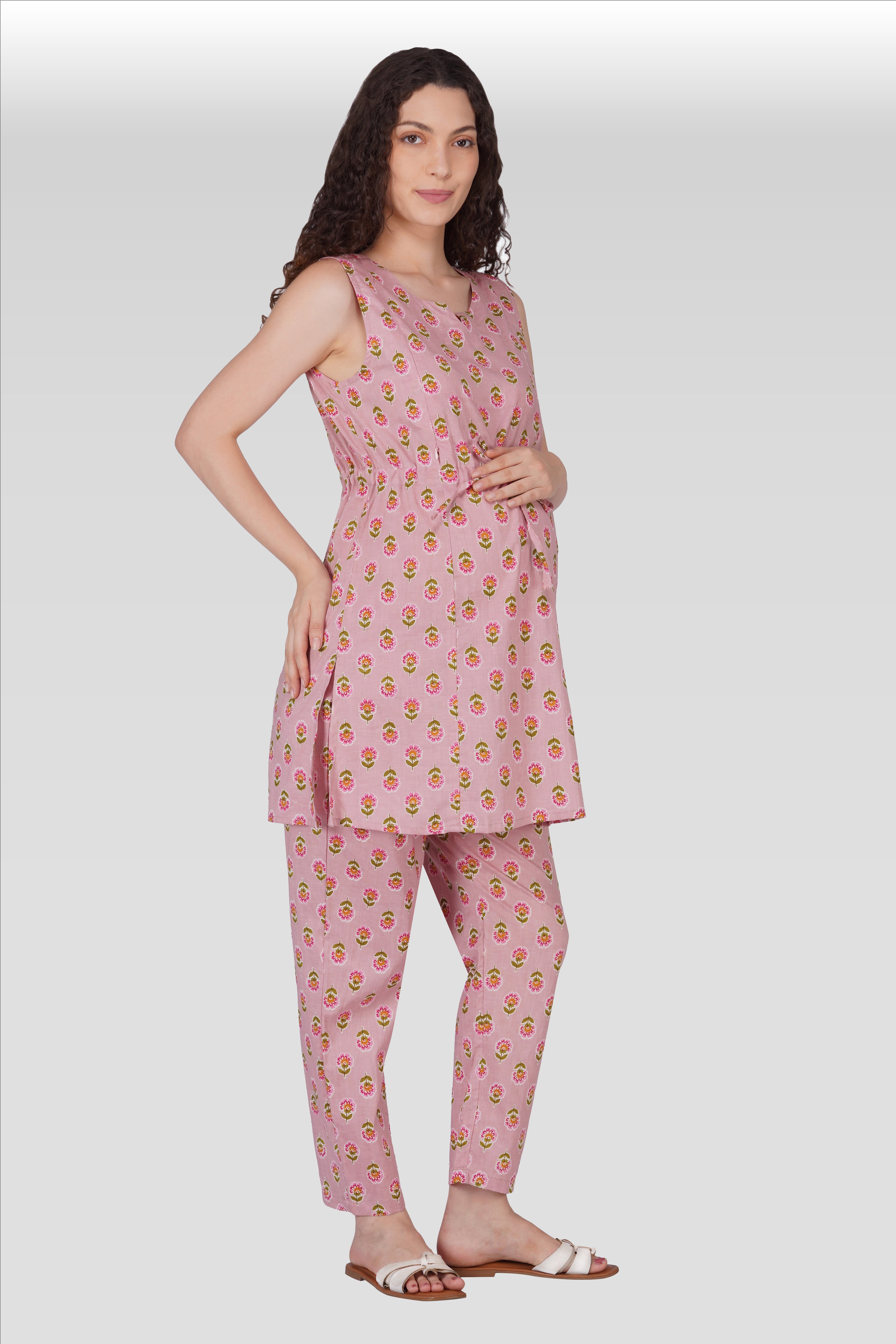 Pale Pink Cotton Printed Maternity and Feeding Kurta Set