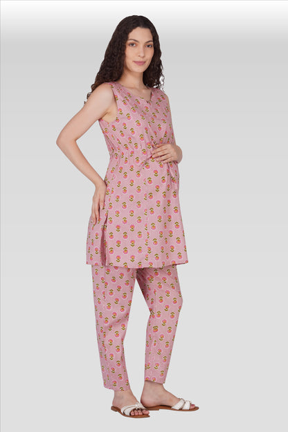 Pale Pink Cotton Printed Maternity and Feeding Kurta Set