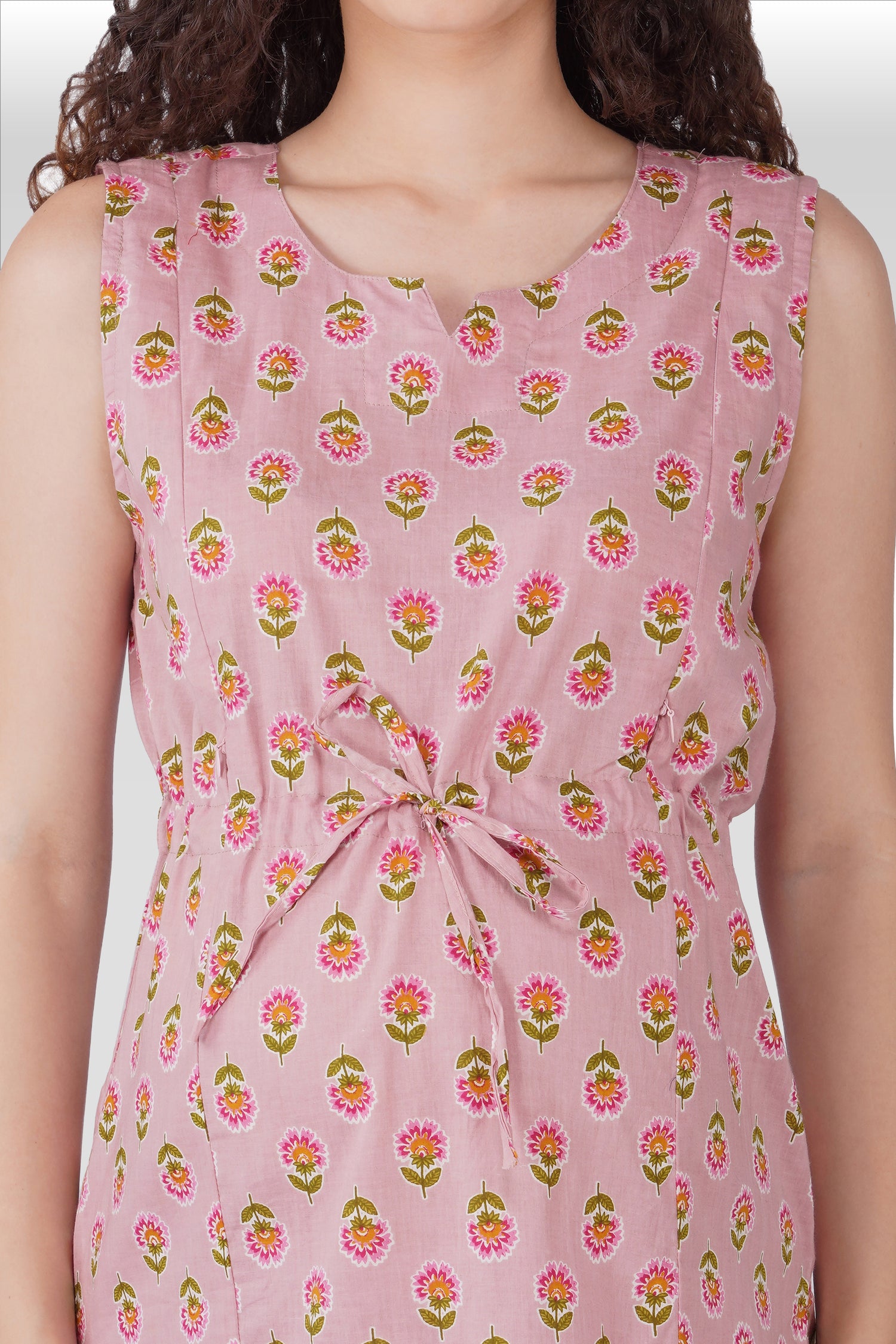 Pale Pink Cotton Printed Maternity and Feeding Kurta Set