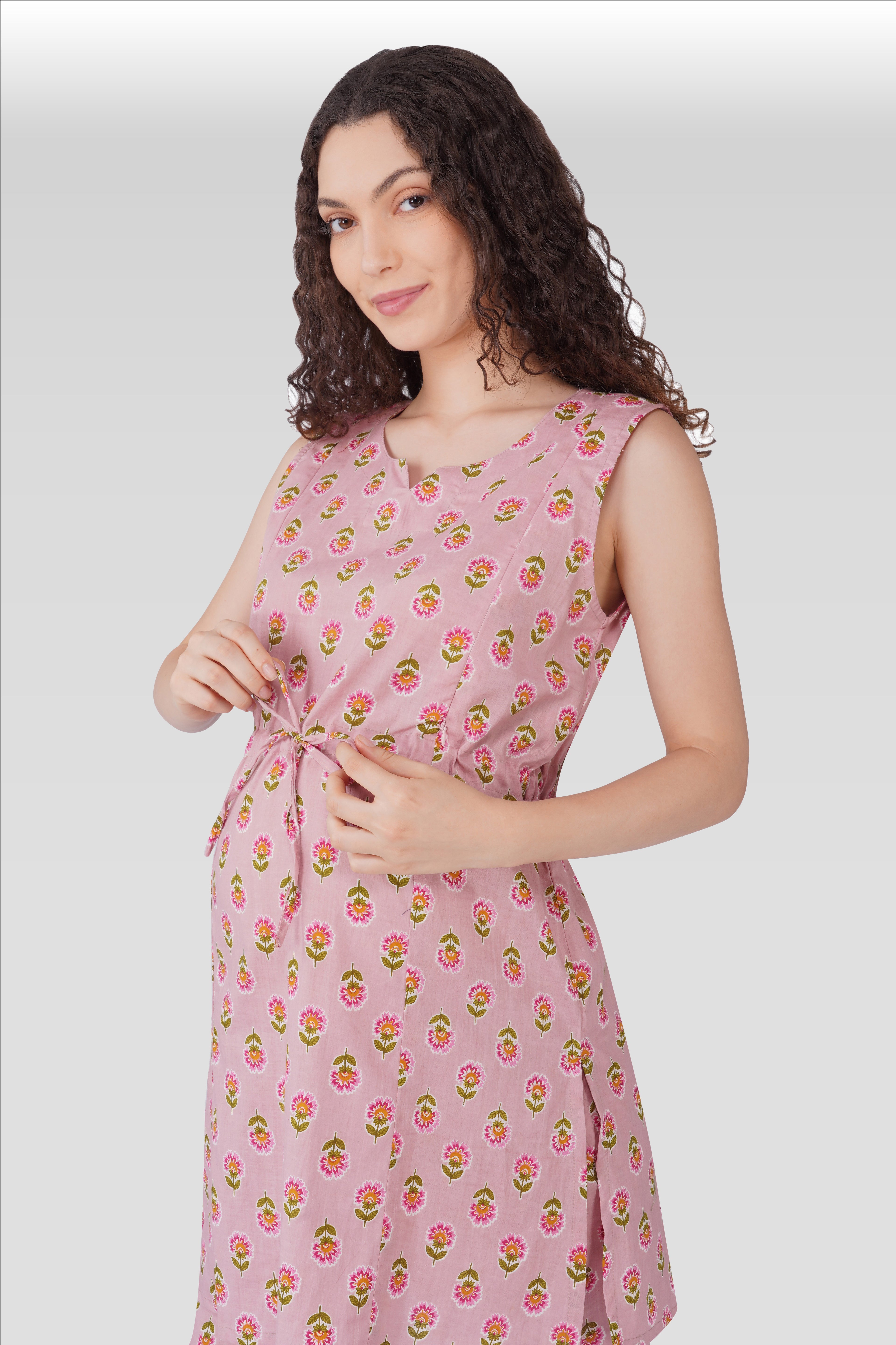 Pale Pink Cotton Printed Maternity and Feeding Kurta Set