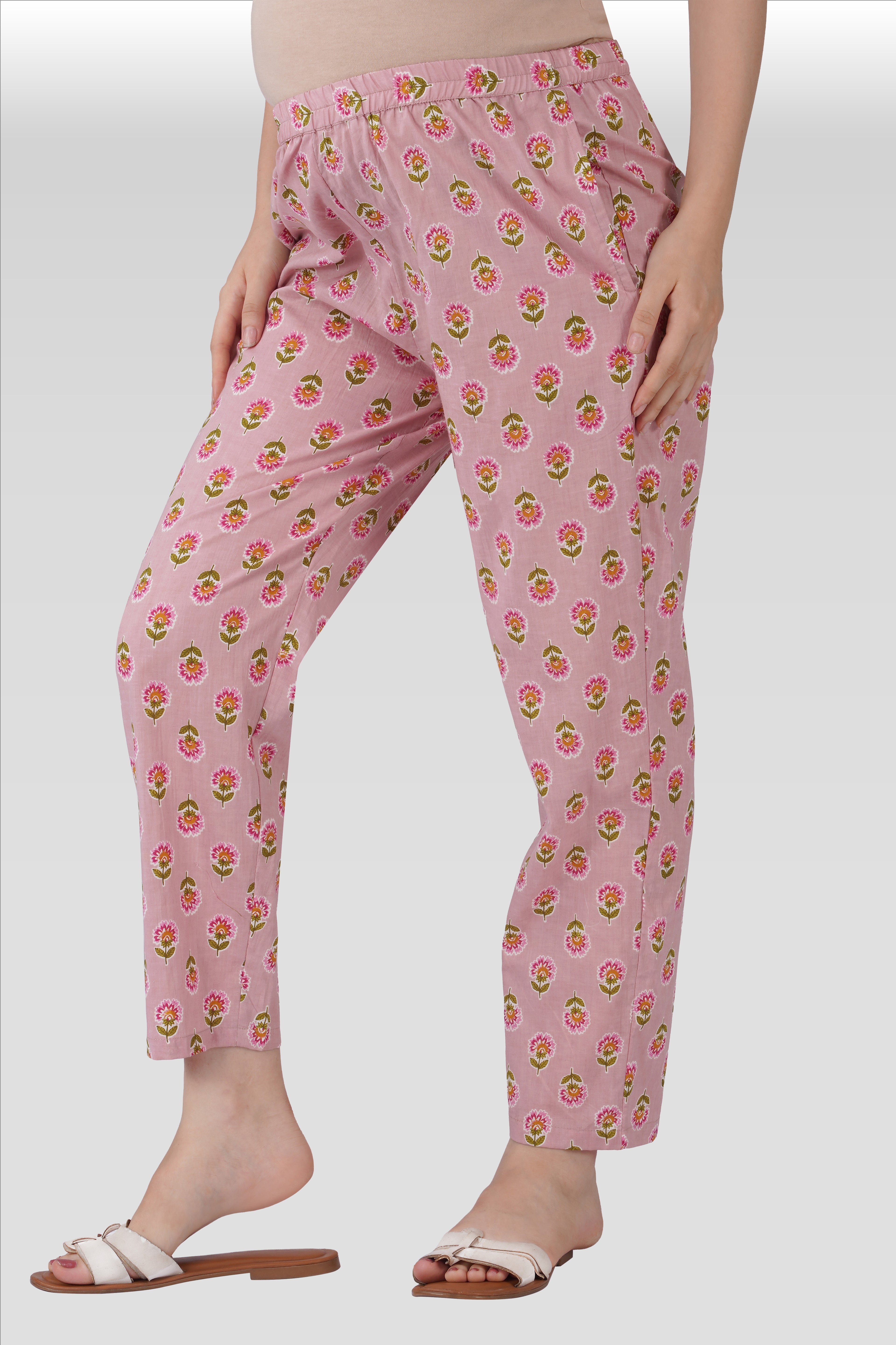 Pale Pink Cotton Printed Maternity and Feeding Kurta Set