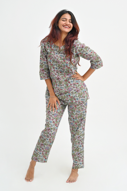 Paris White Cotton Printed Pyjama Set