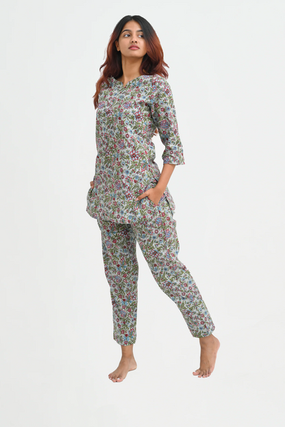 Paris White Cotton Printed Pyjama Set