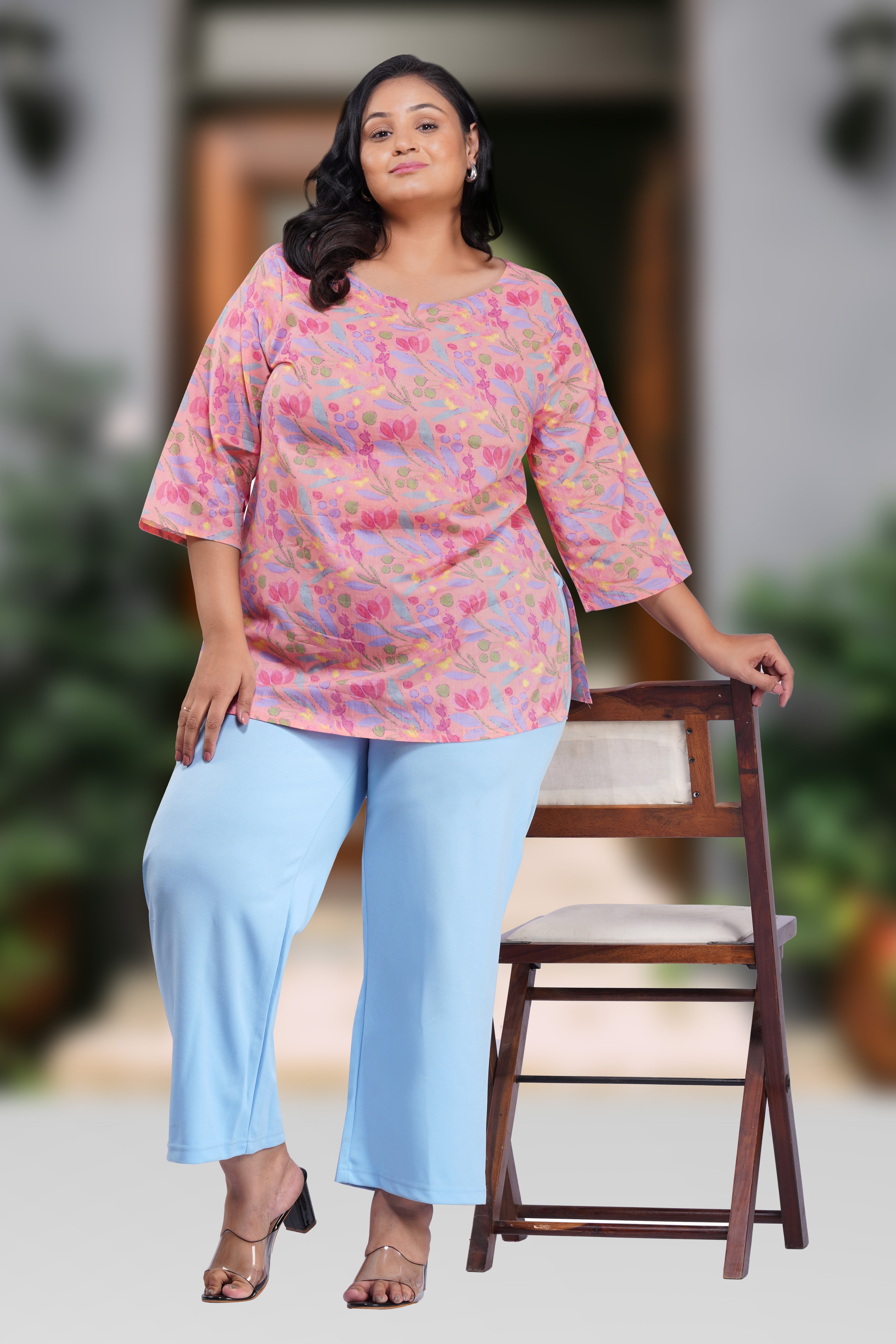 Pastel Peach Plus Size Cotton Printed Kurti