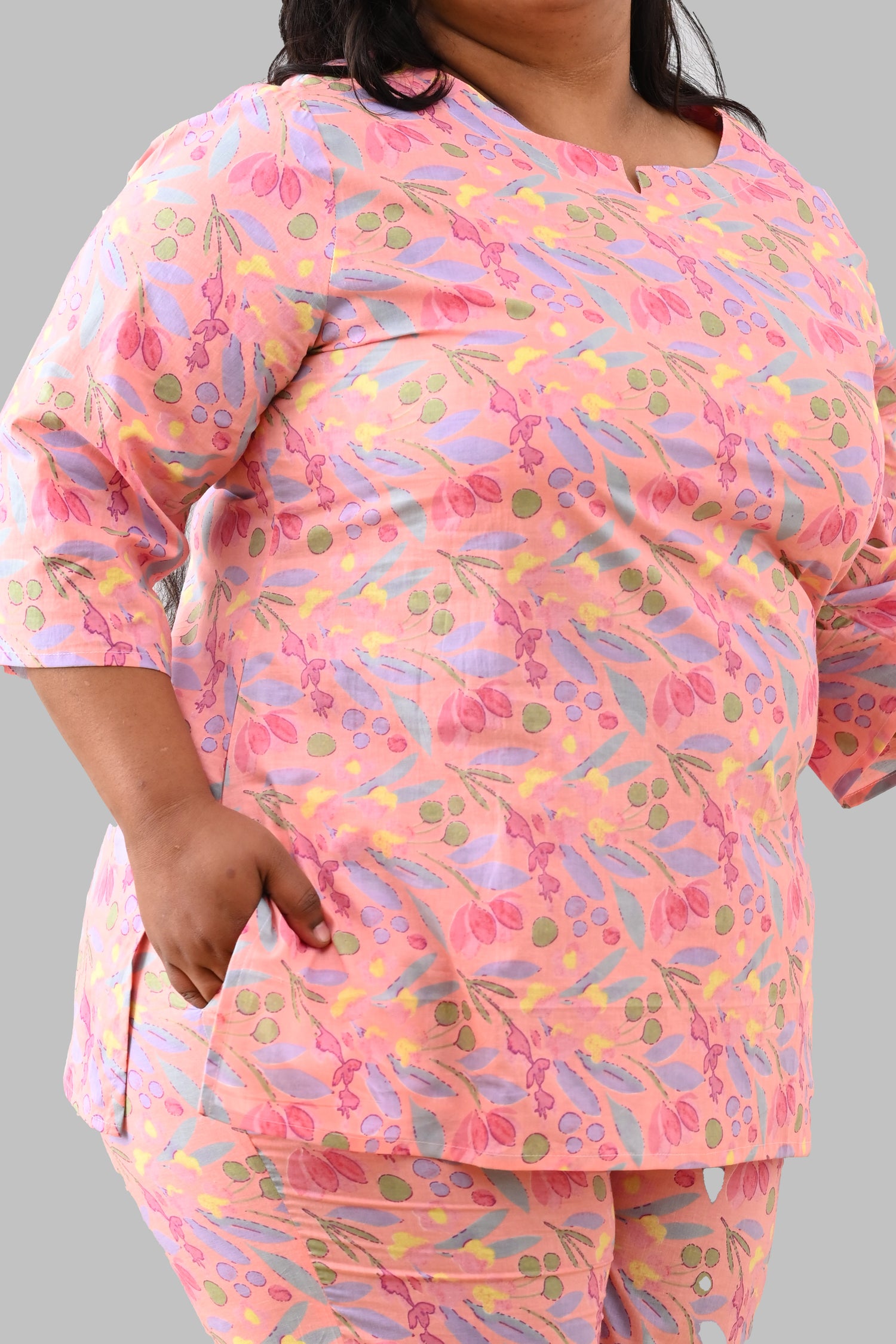 Pastel Peach Plus Size Cotton Printed Pyjama Set