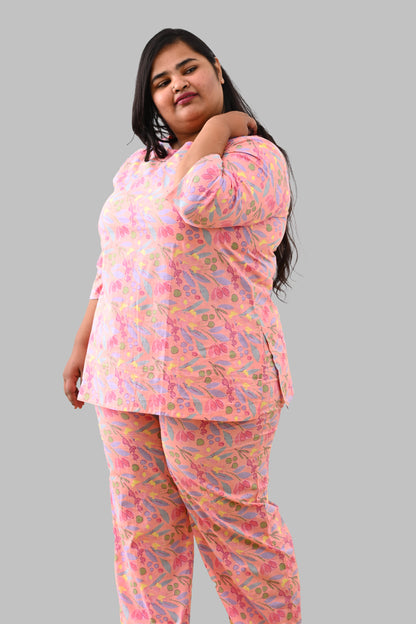 Pastel Peach Plus Size Cotton Printed Pyjama Set
