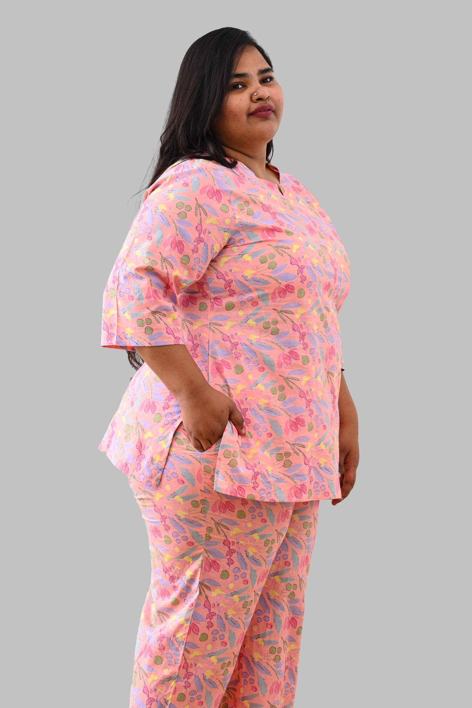 Pastel Peach Plus Size Cotton Printed Pyjama Set