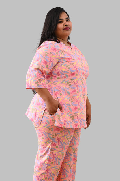 Pastel Peach Plus Size Cotton Printed Pyjama Set