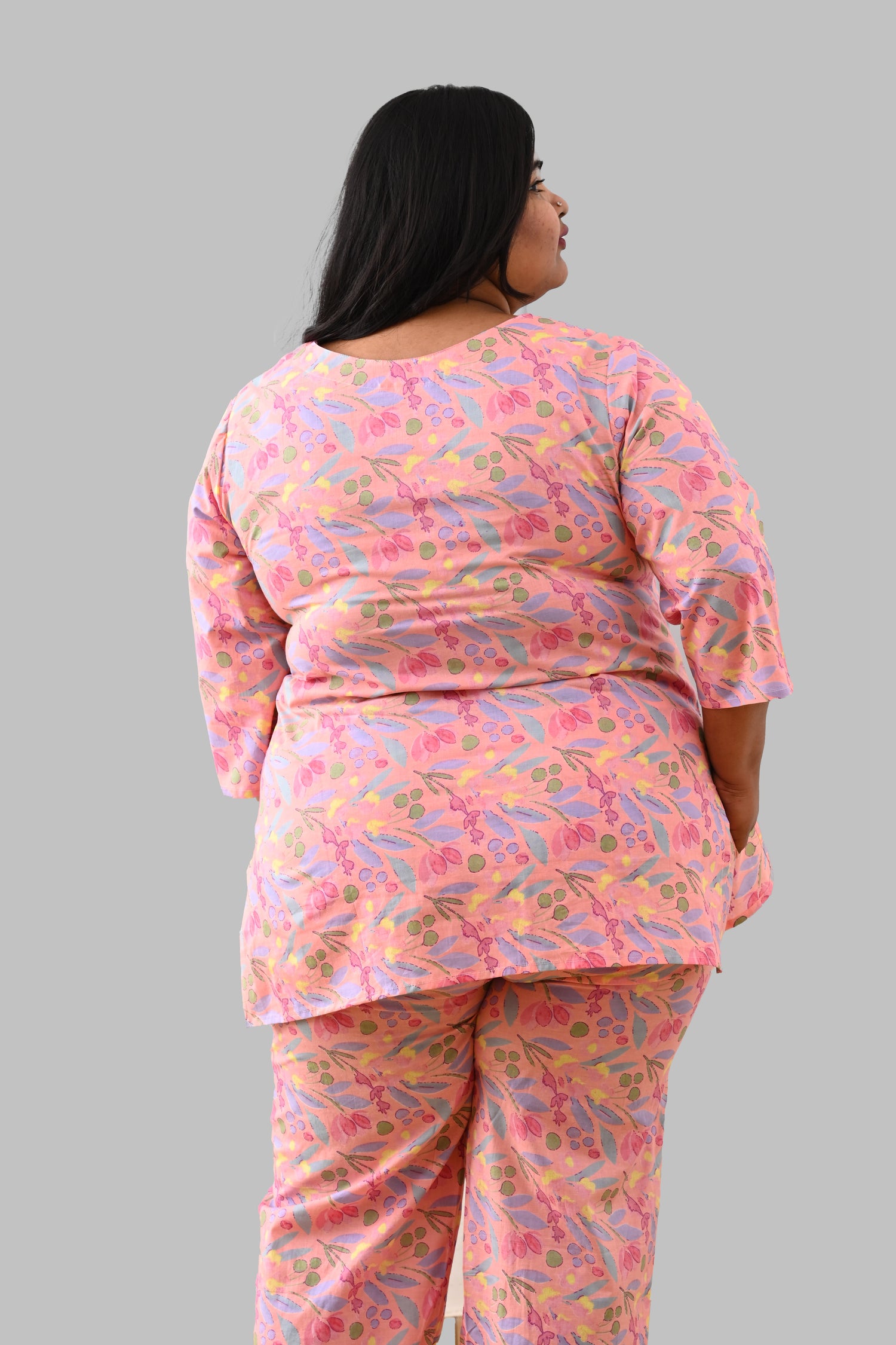 Pastel Peach Plus Size Cotton Printed Pyjama Set