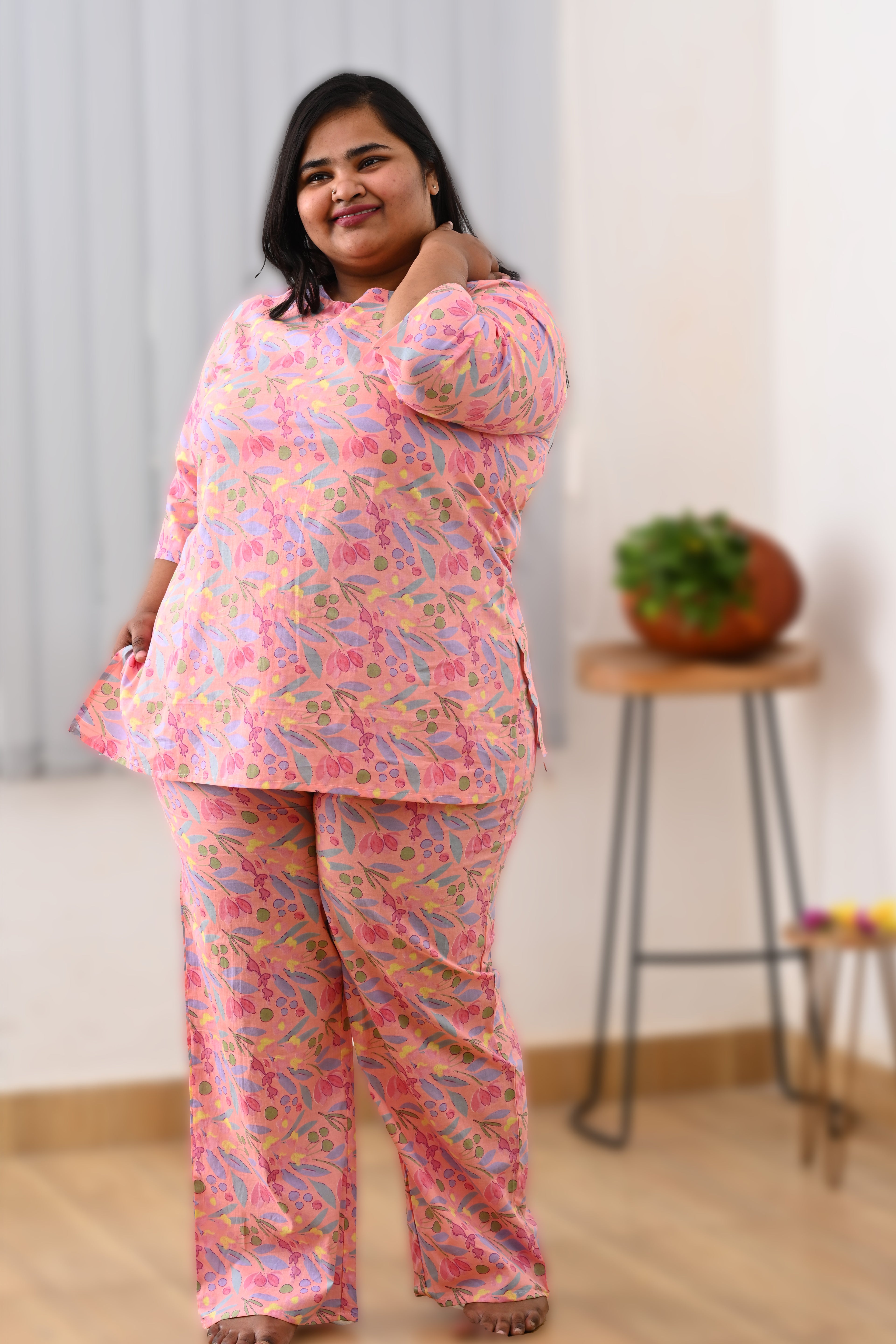 Pastel Peach Plus Size Cotton Printed Pyjama Set