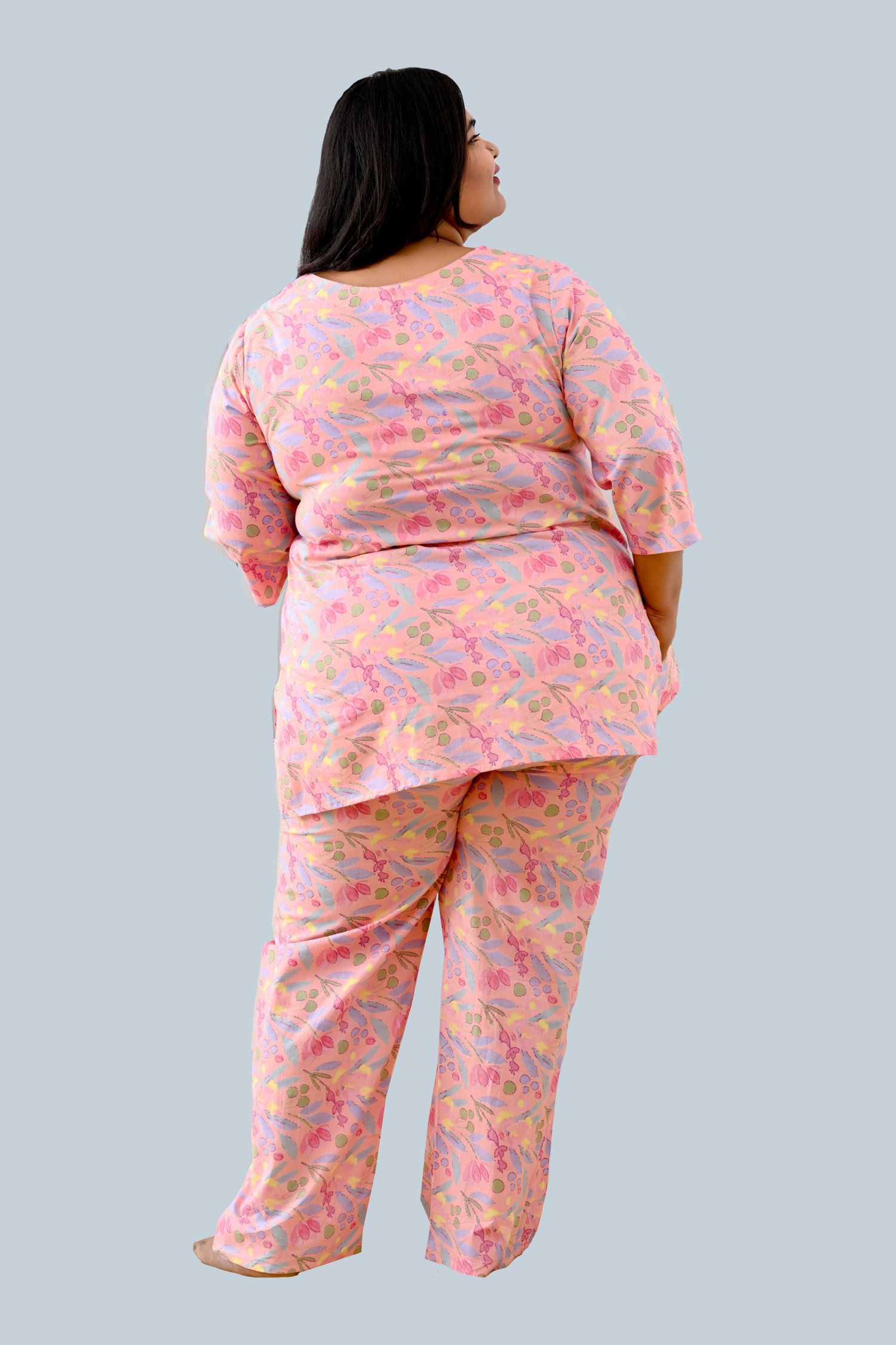 Pastel Peach Plus Size Cotton Printed Pyjama Set