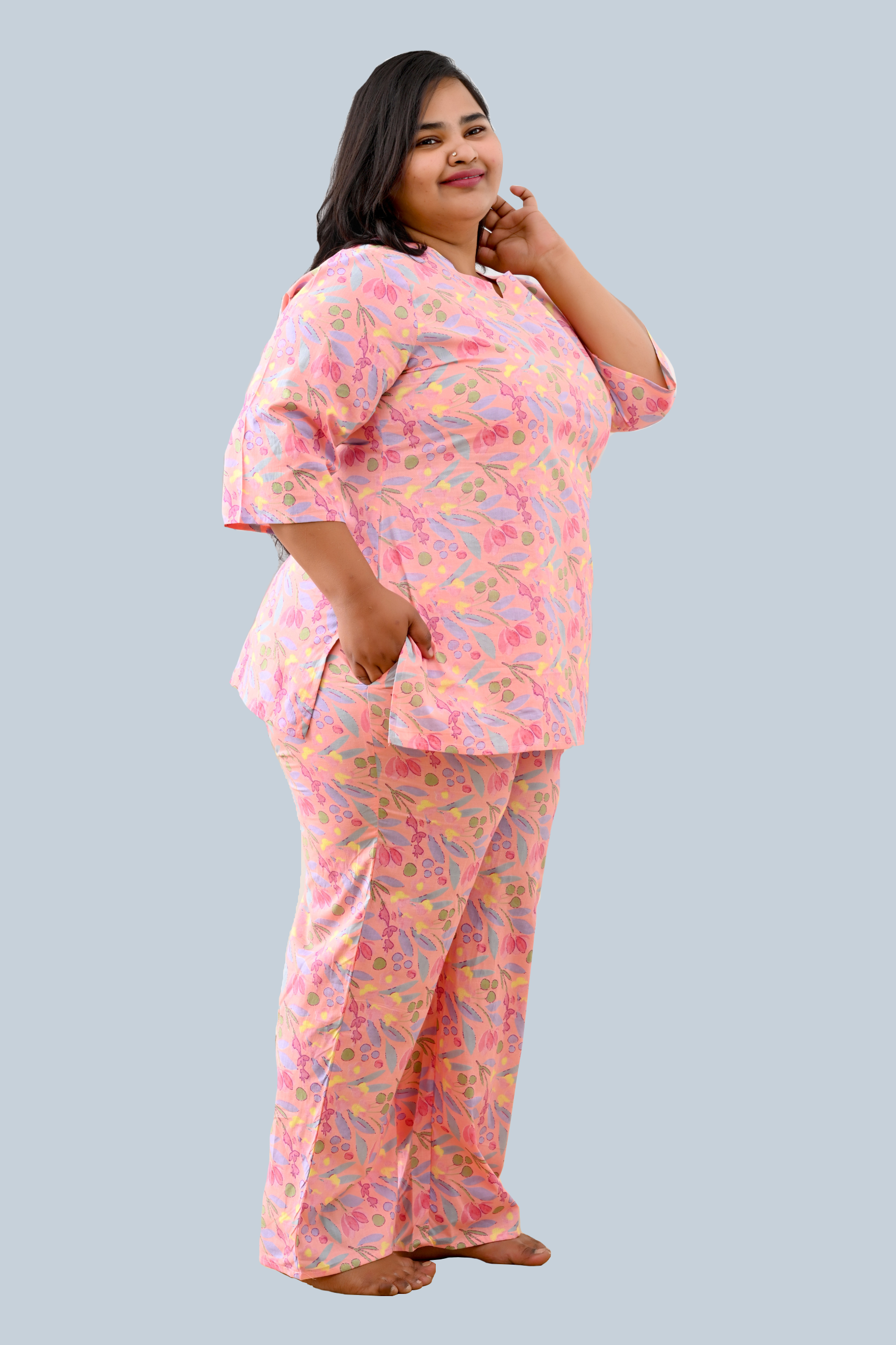 Pastel Peach Plus Size Cotton Printed Pyjama Set