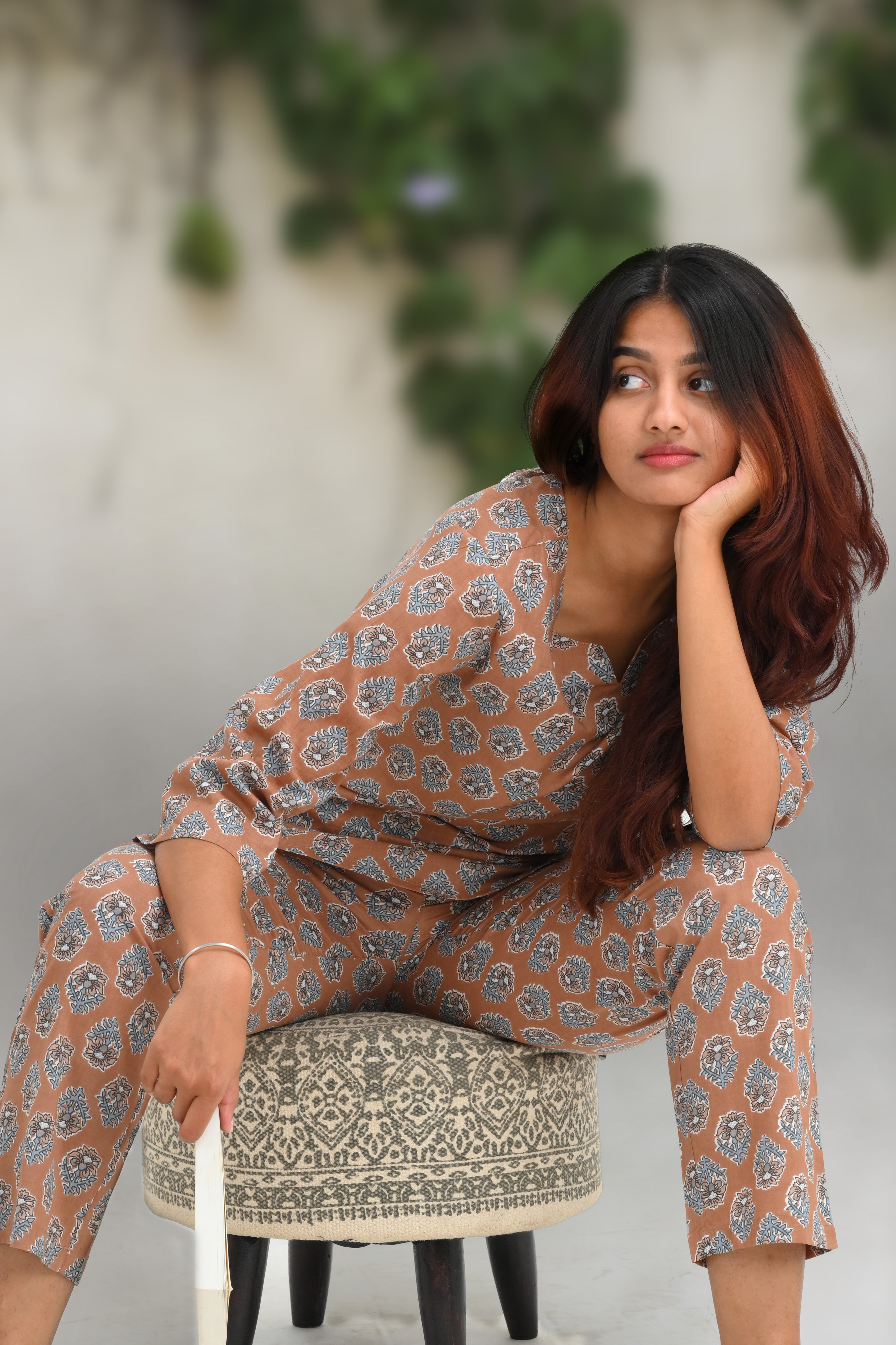 Pastel Brown Cotton Printed Pyjama Set