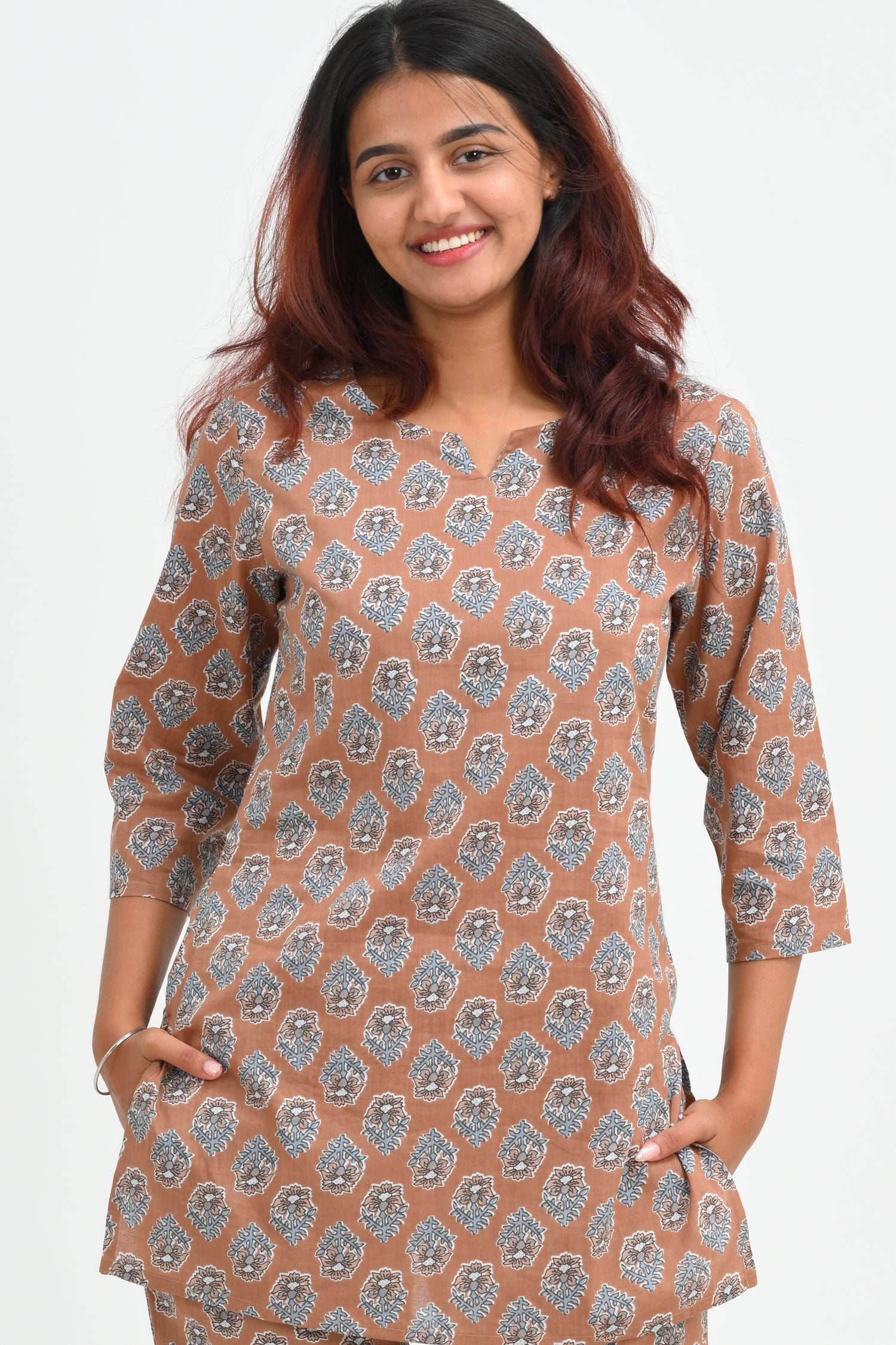 Pastel Brown Cotton Printed Pyjama Set