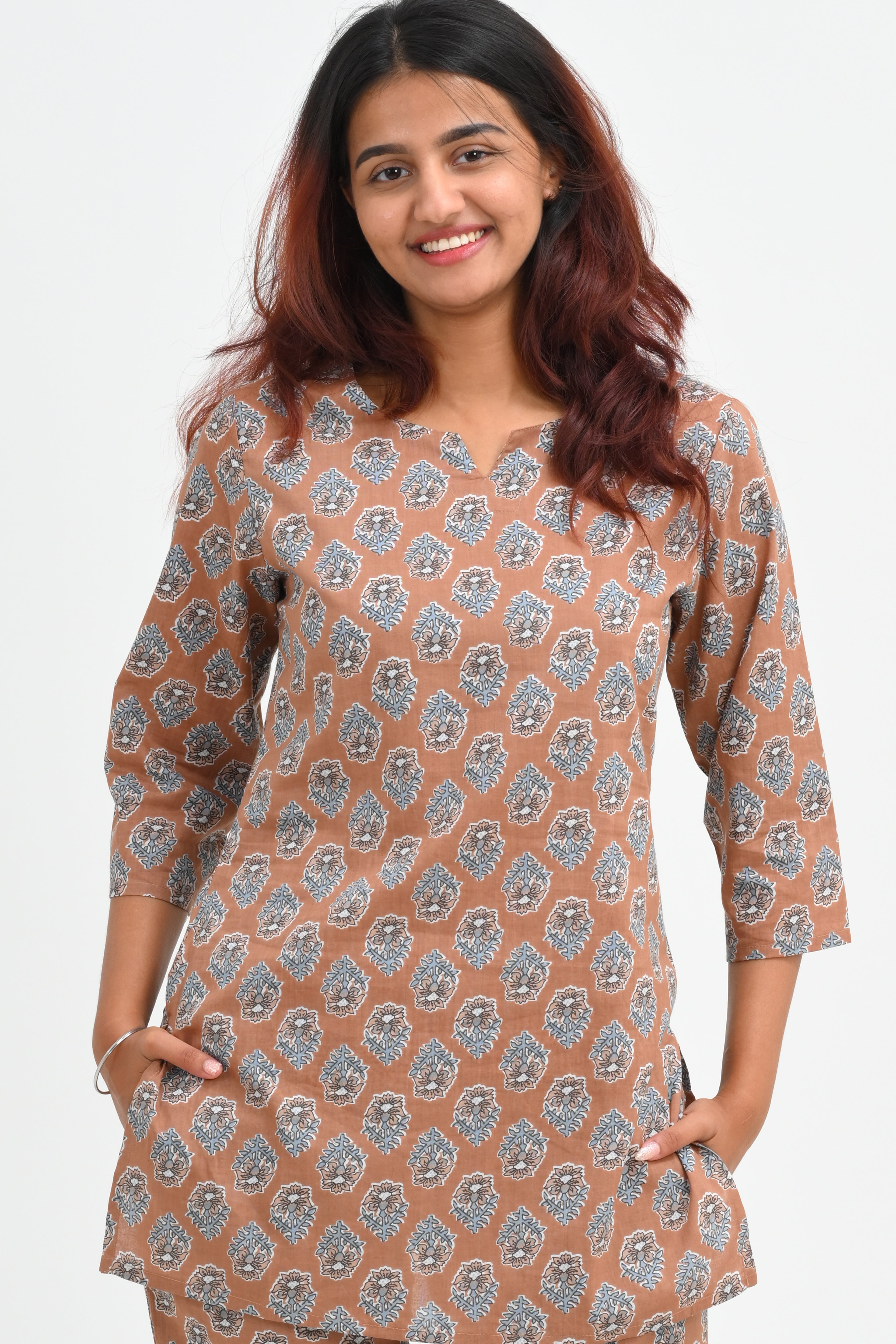 Pastel Brown Cotton Printed Pyjama Set