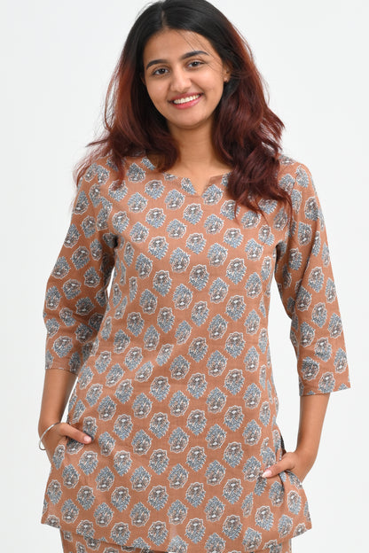 Pastel Brown Cotton Printed Pyjama Set