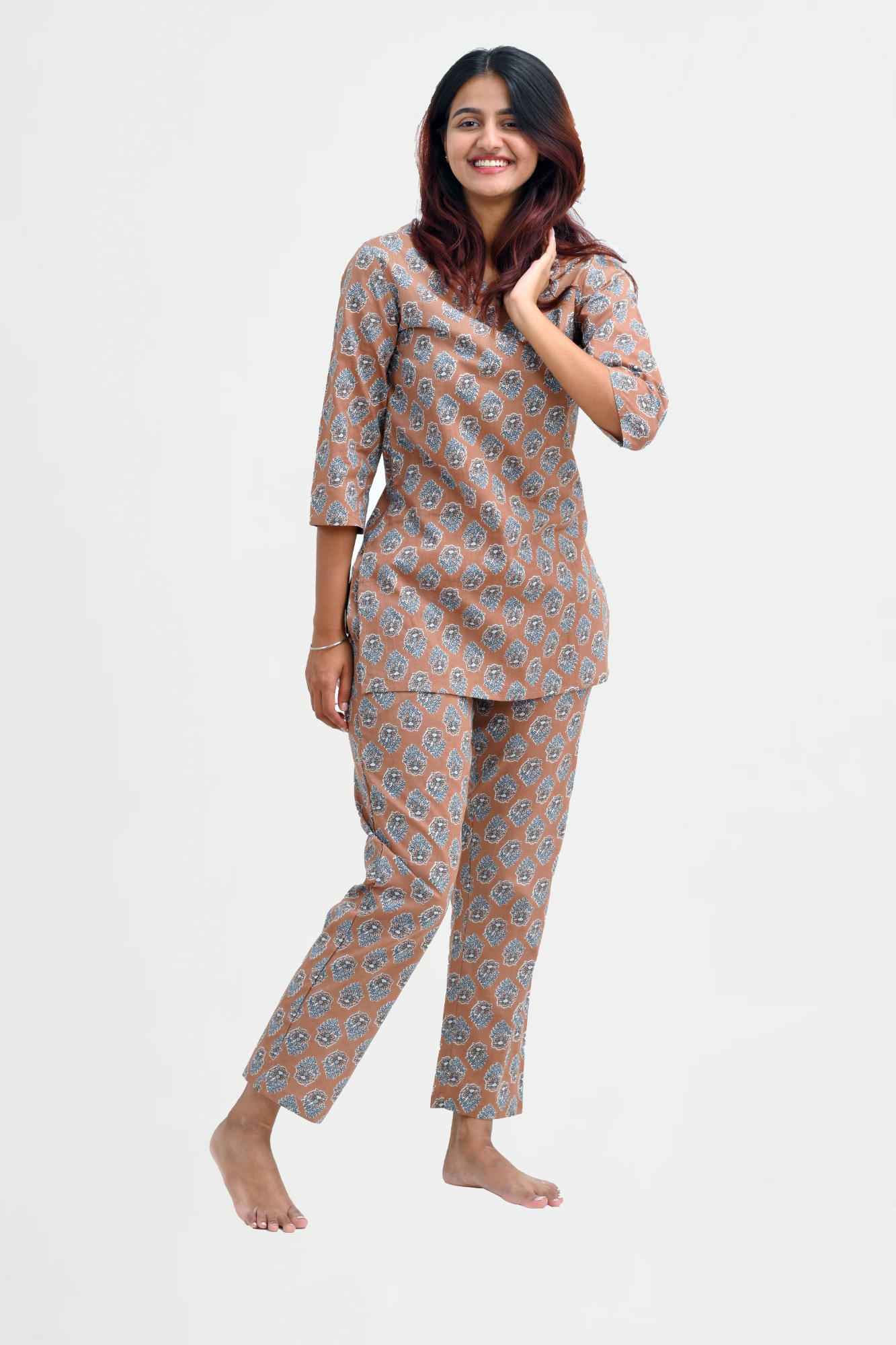 Pastel Brown Cotton Printed Pyjama Set