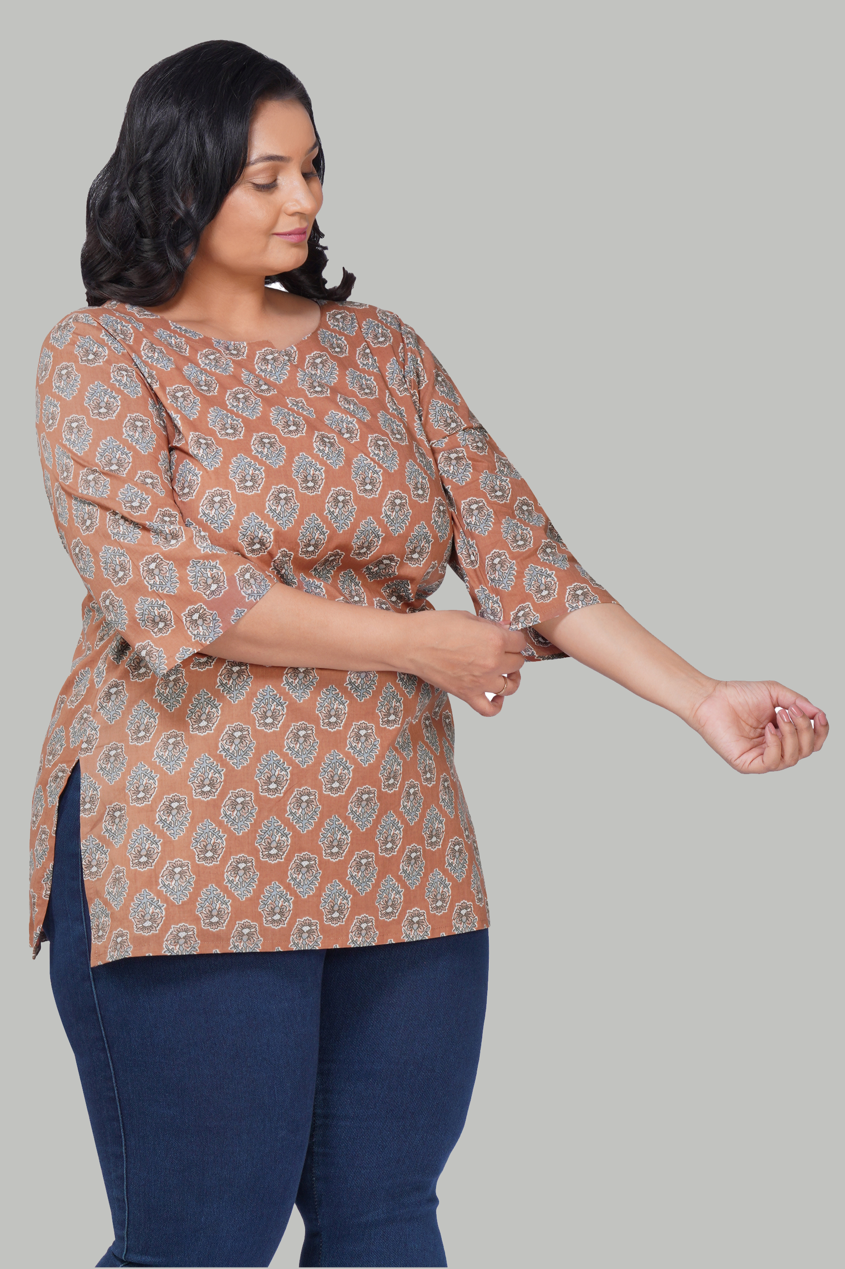 Pastel Brown Plus Size Cotton Printed Kurti