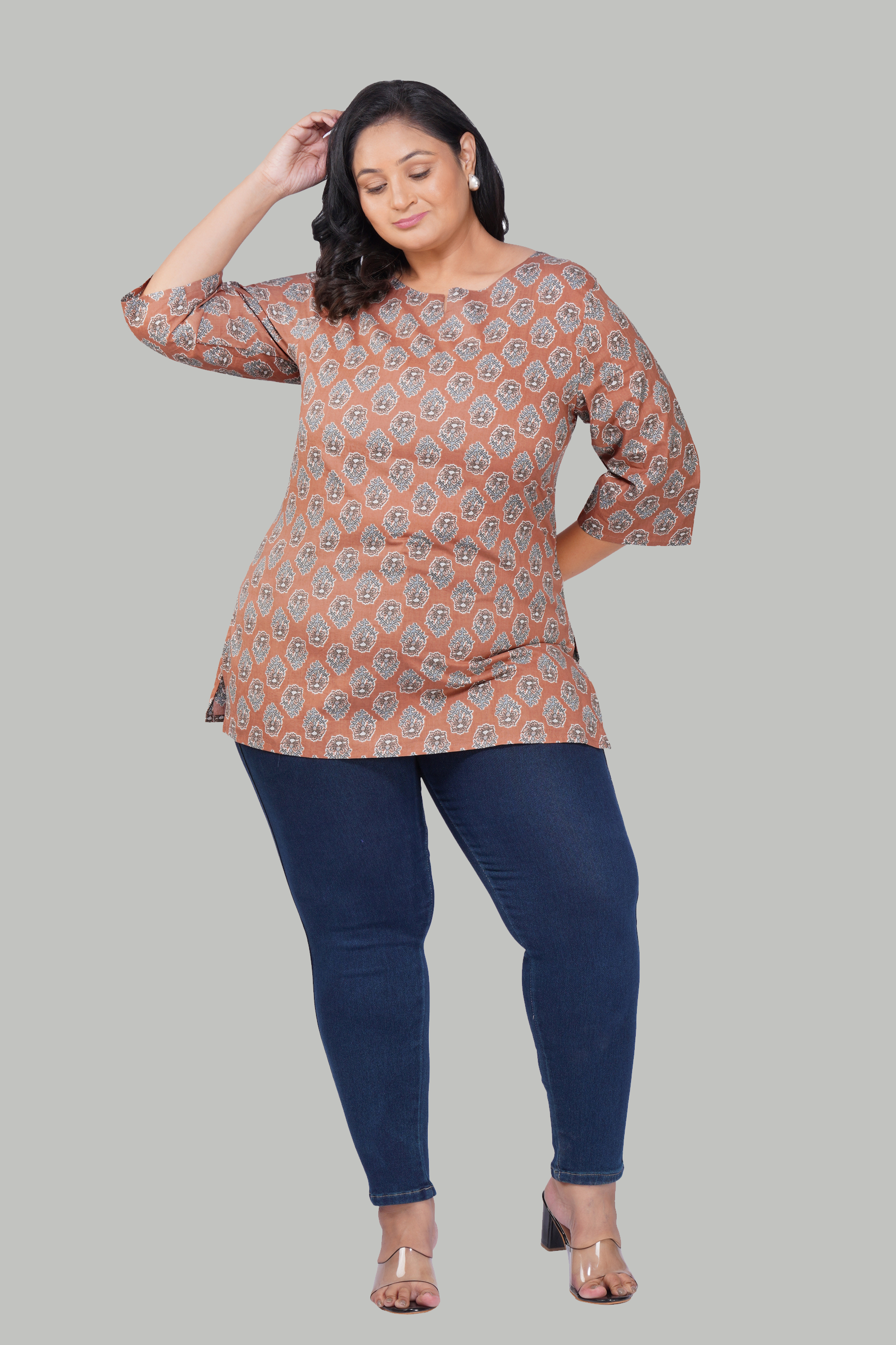 Pastel Brown Plus Size Cotton Printed Kurti