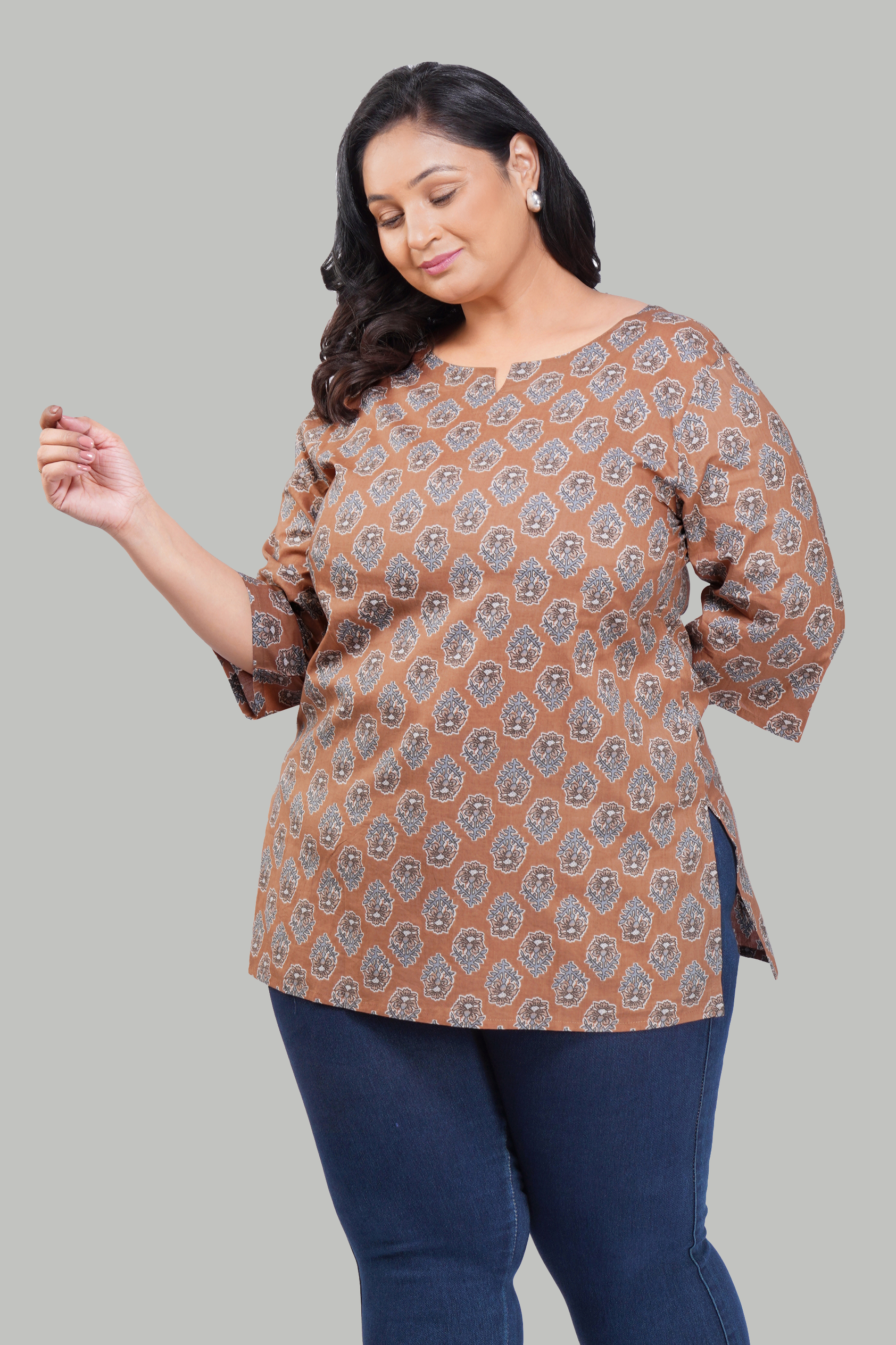 Pastel Brown Plus Size Cotton Printed Kurti