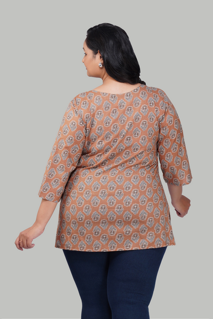 Pastel Brown Plus Size Cotton Printed Kurti