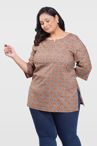 Pastel Brown Plus Size Cotton Printed Kurti