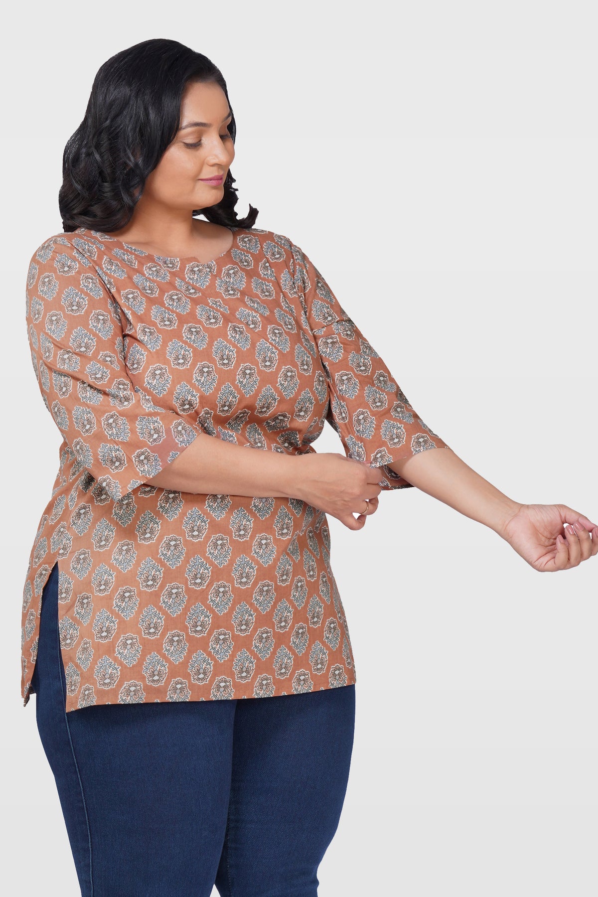 Pastel Brown Plus Size Cotton Printed Kurti