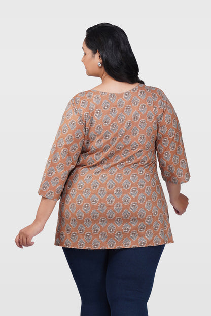 Pastel Brown Plus Size Cotton Printed Kurti