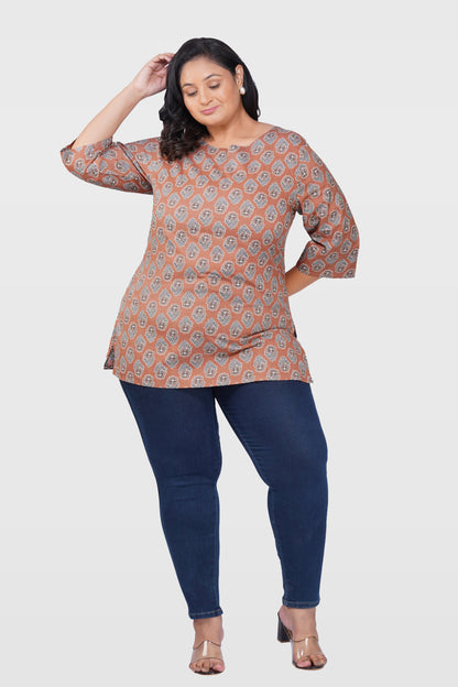 Pastel Brown Plus Size Cotton Printed Kurti
