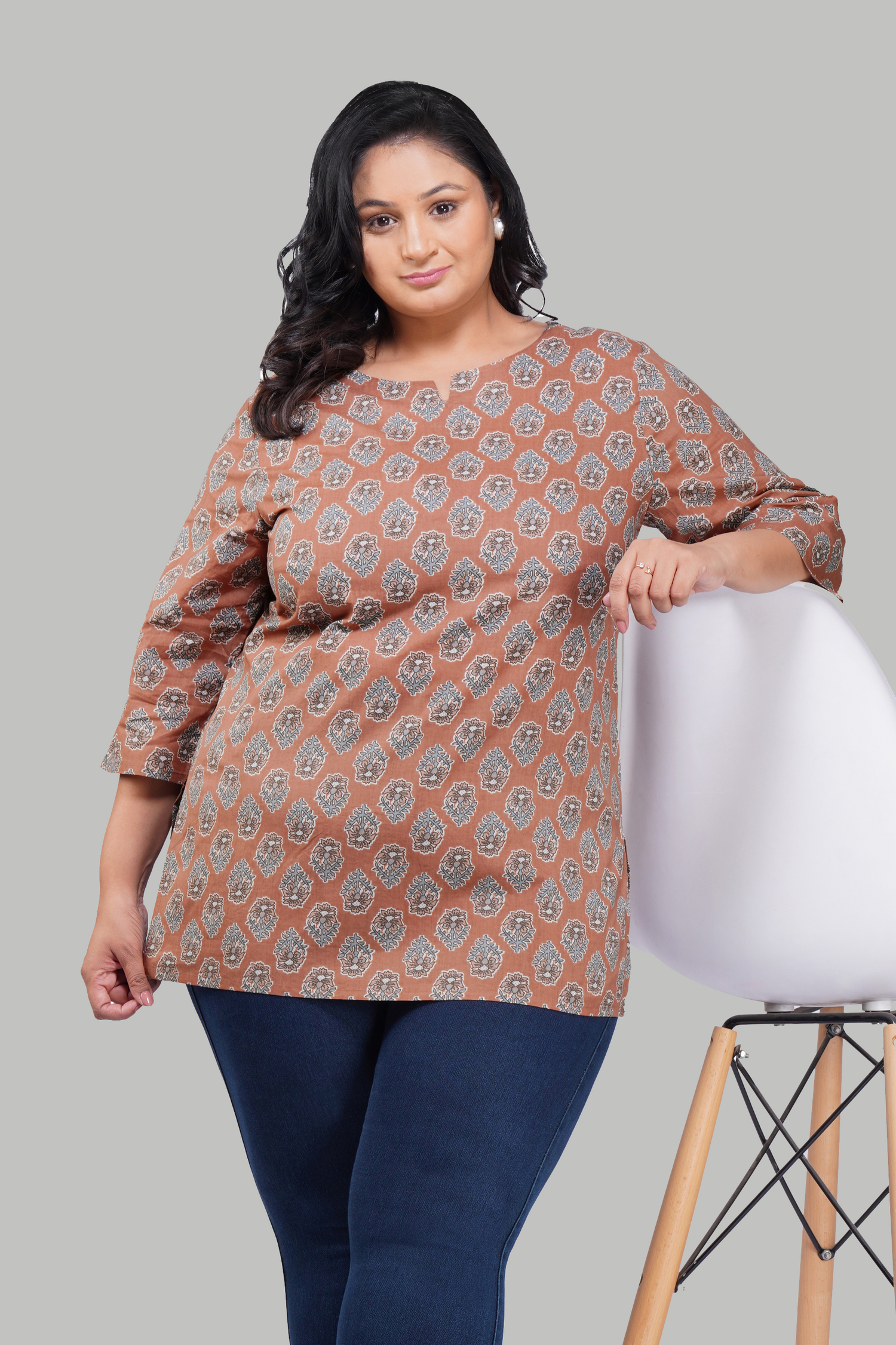 Pastel Brown Plus Size Cotton Printed Kurti 