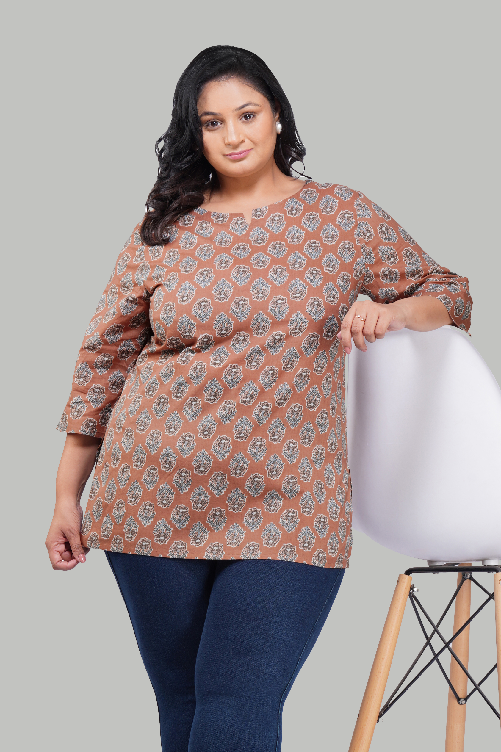Pastel Brown Plus Size Cotton Printed Kurti 
