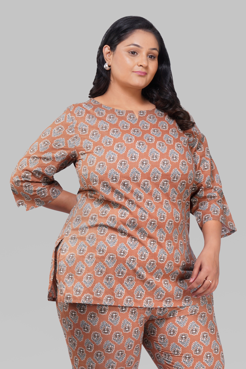 Pastel Brown Plus Size Cotton Printed Pyjama Set