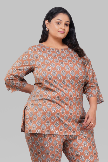 Pastel Brown Plus Size Cotton Printed Pyjama Set