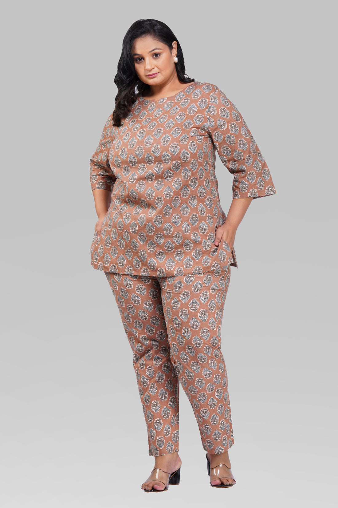 Pastel Brown Plus Size Cotton Printed Pyjama Set