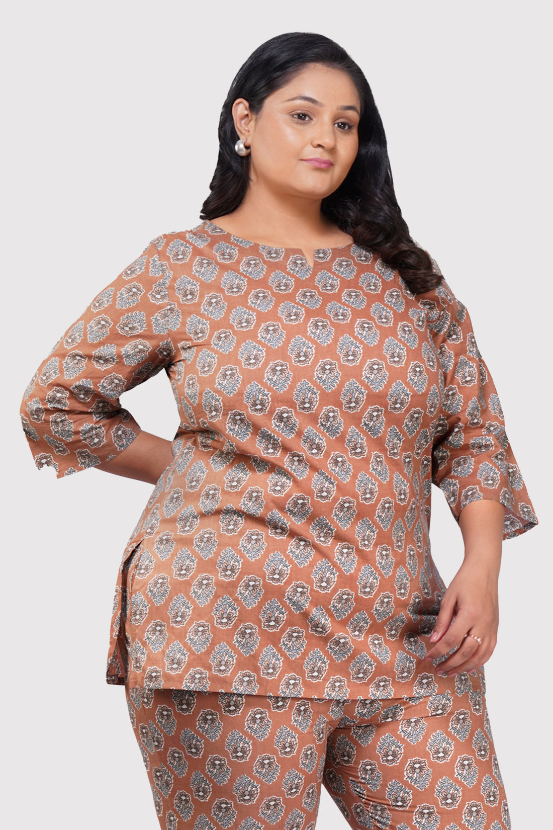 Pastel Brown Plus Size Cotton Printed Pyjama Set