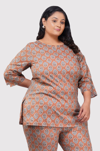 Pastel Brown Plus Size Cotton Printed Pyjama Set