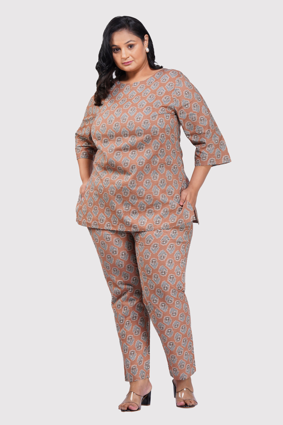 Pastel Brown Plus Size Cotton Printed Pyjama Set