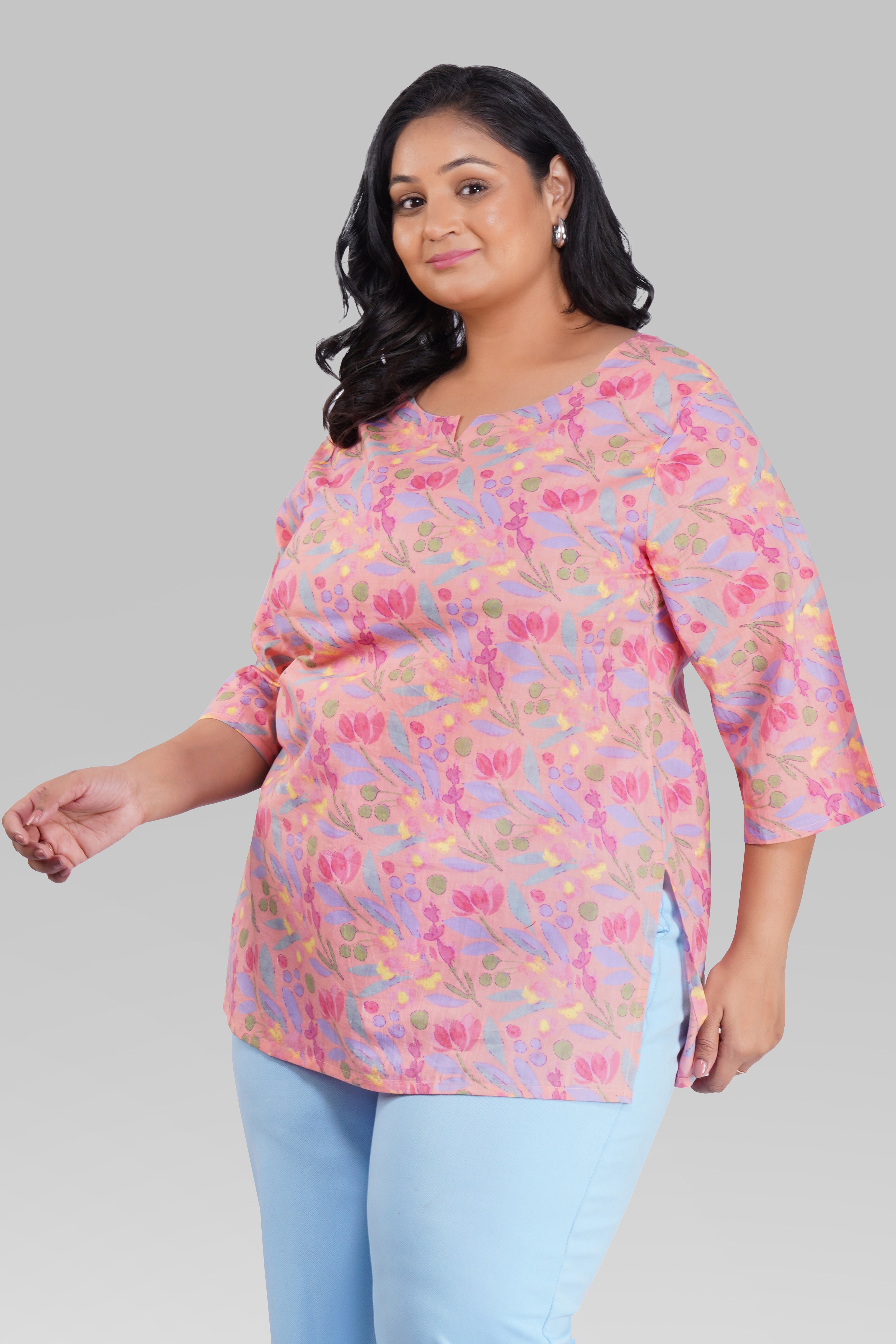 Pastel Peach Plus Size Cotton Printed Kurti