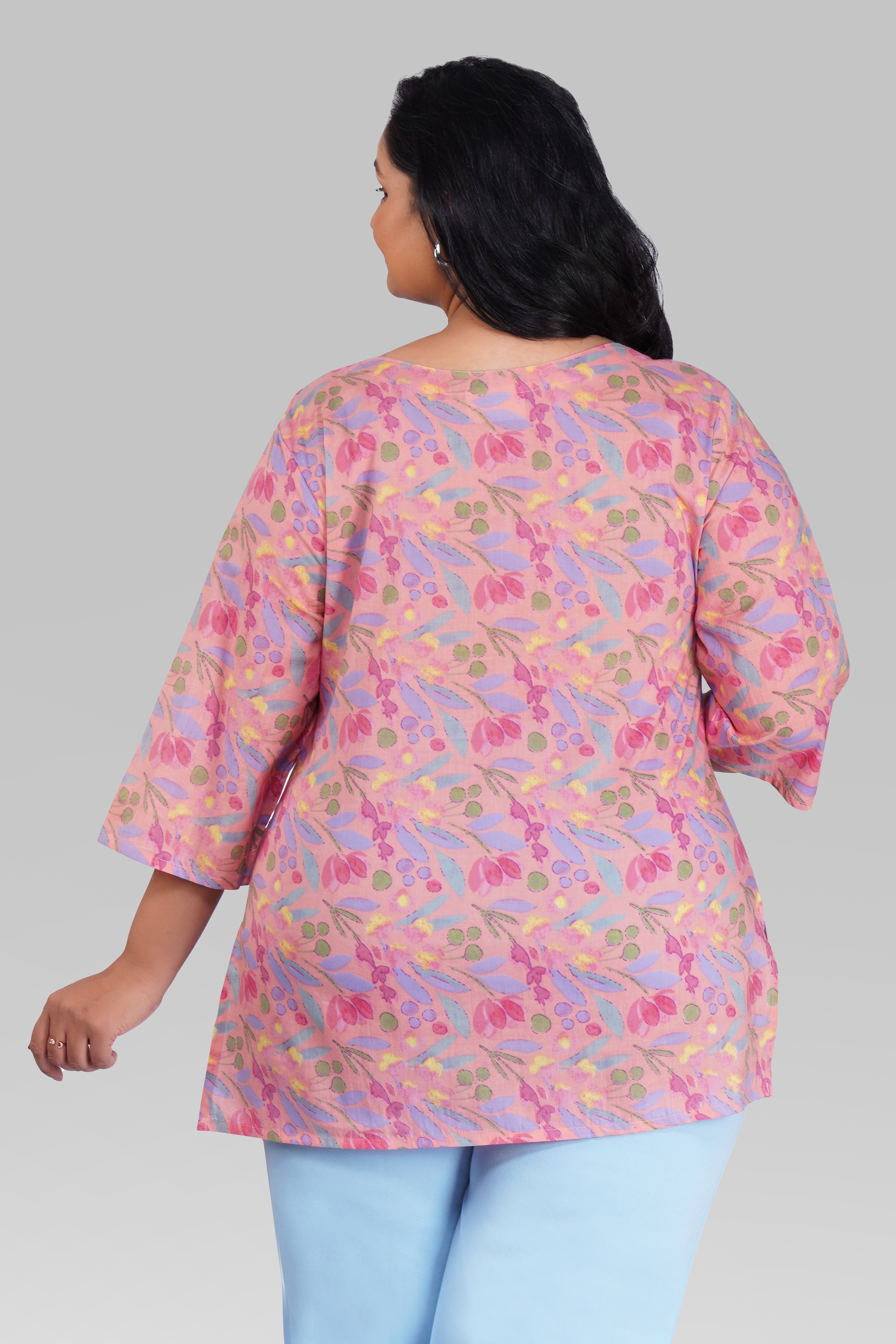 Pastel Peach Plus Size Cotton Printed Kurti