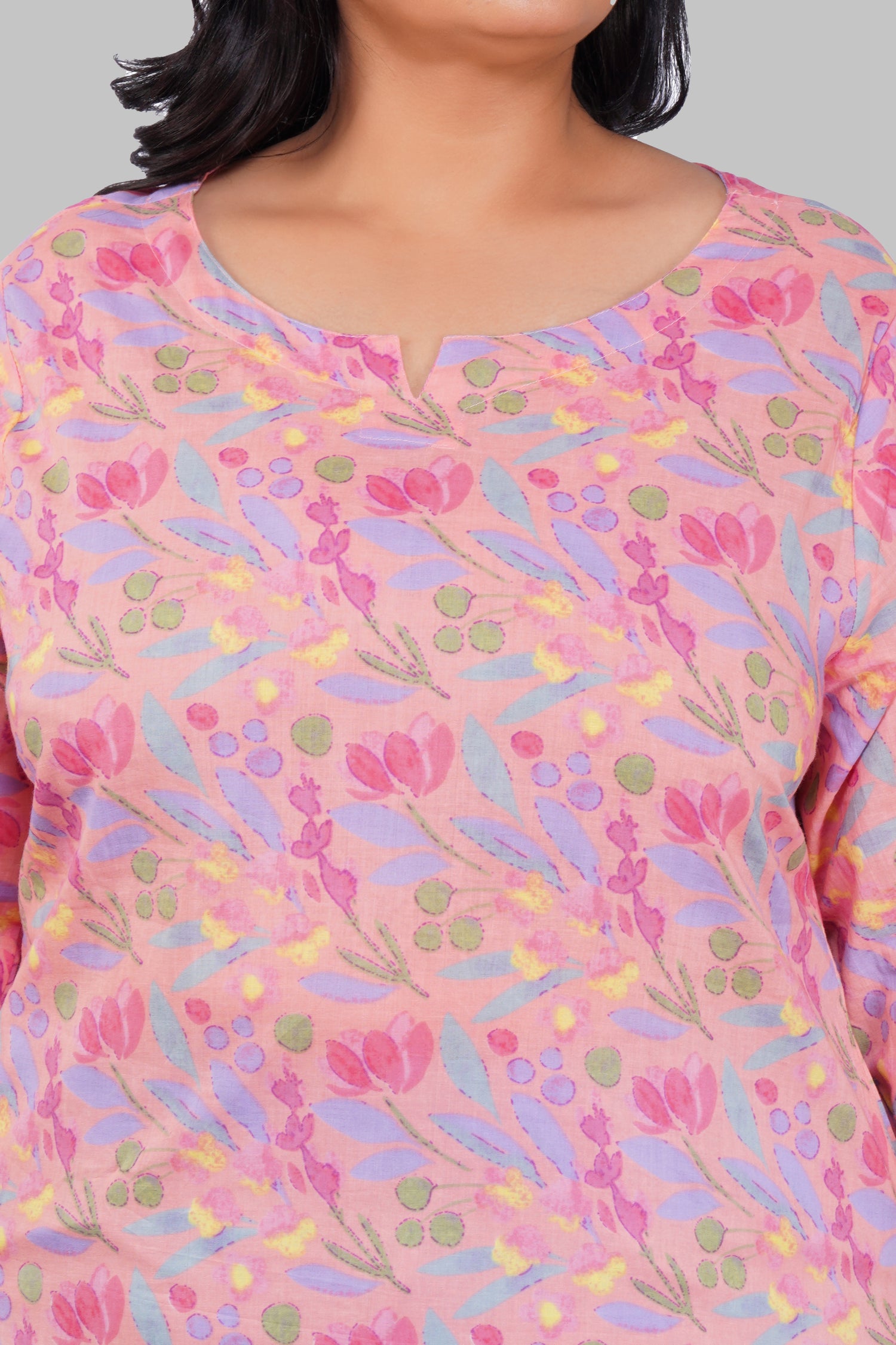 Pastel Peach Plus Size Cotton Printed Kurti