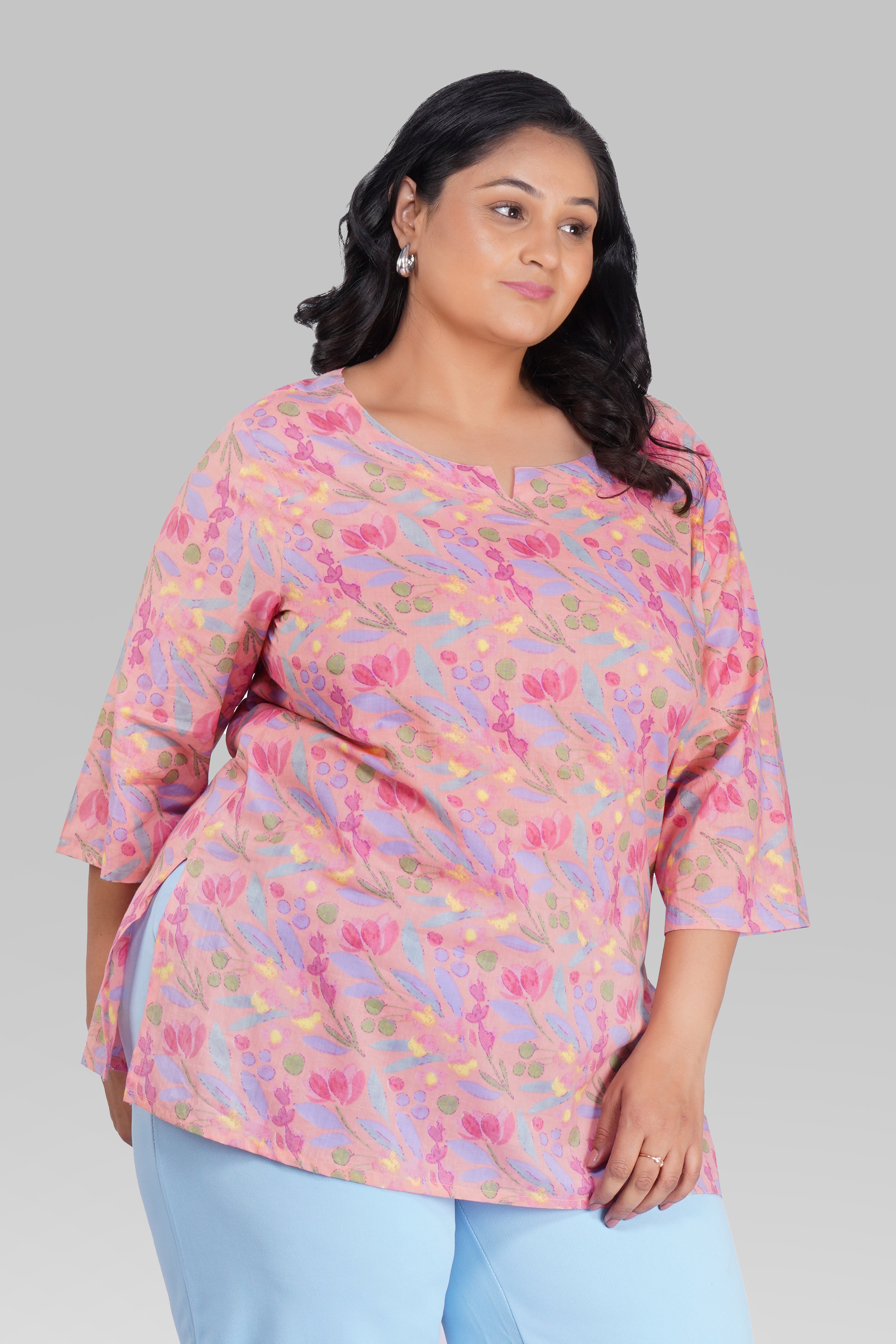 Pastel Peach Plus Size Cotton Printed Kurti