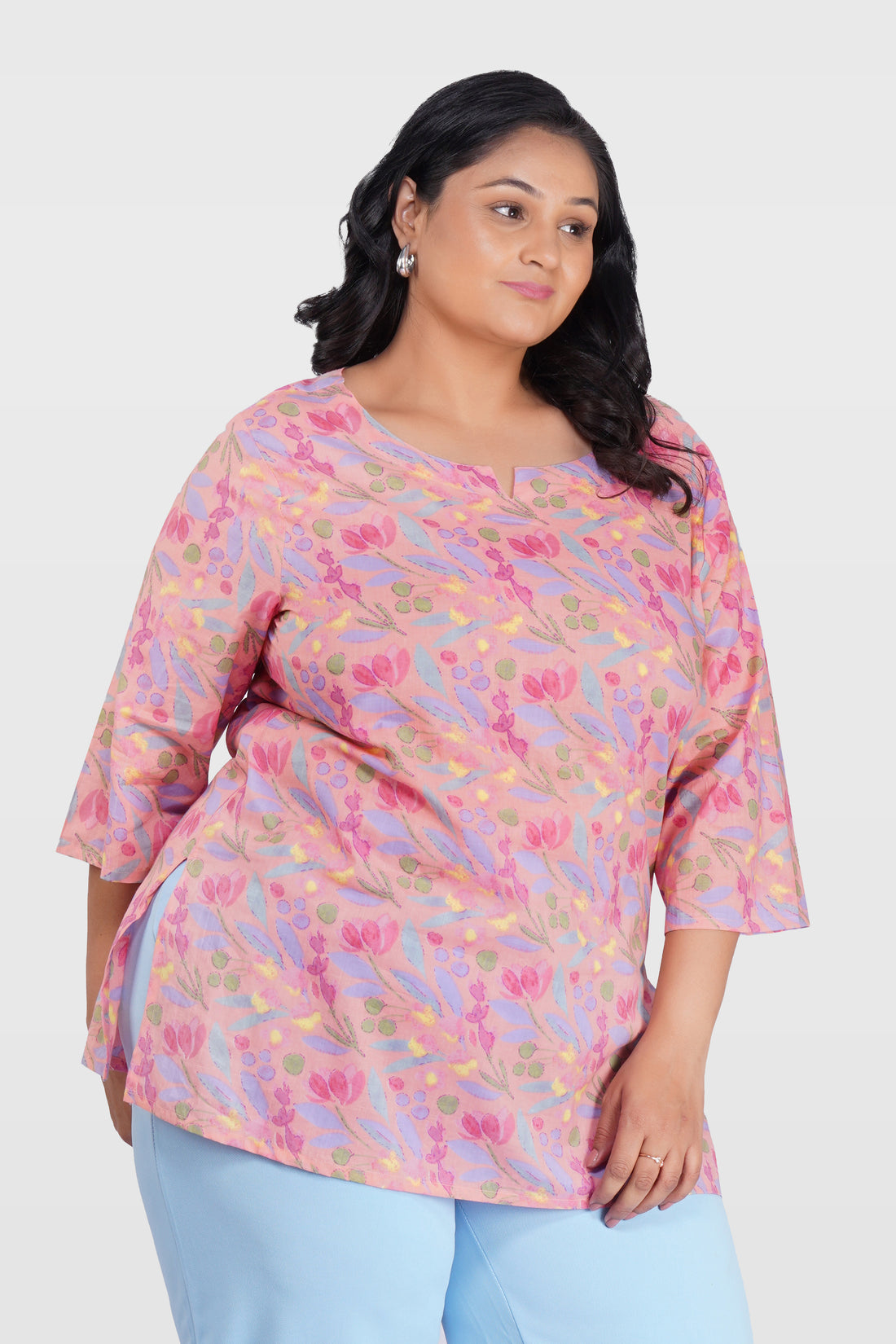 Pastel Peach Plus Size Cotton Printed Kurti