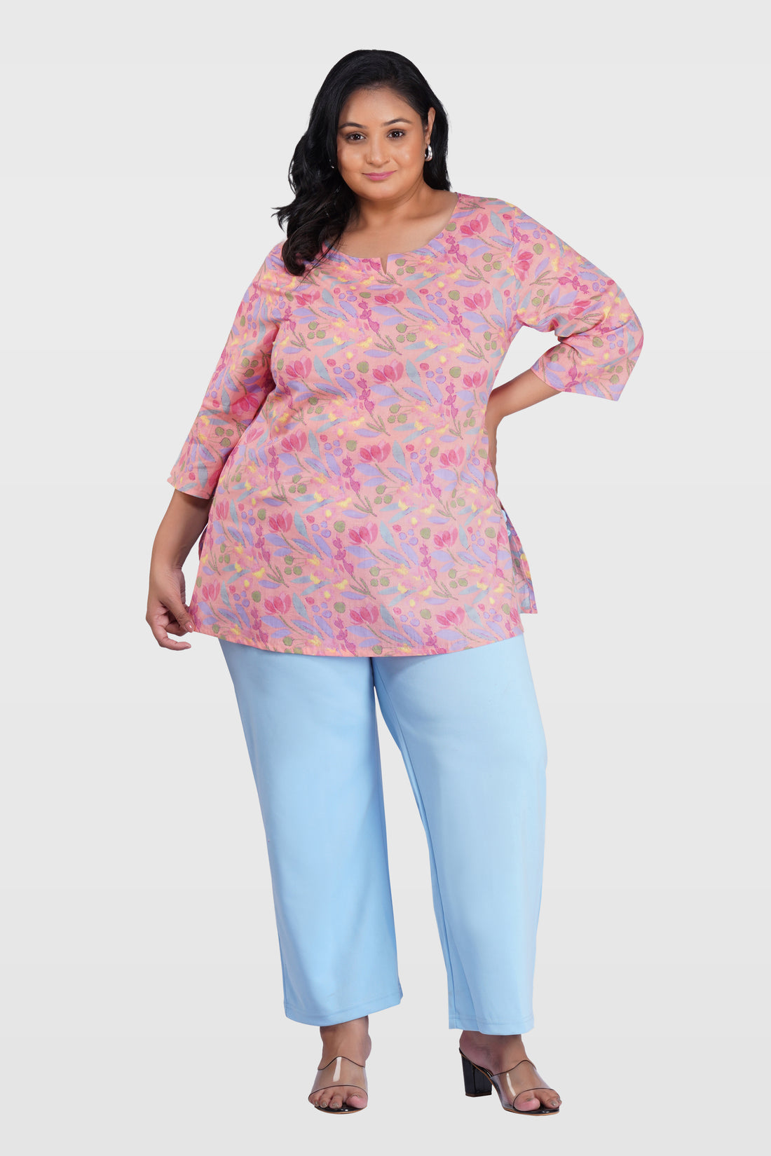 Pastel Peach Plus Size Cotton Printed Kurti