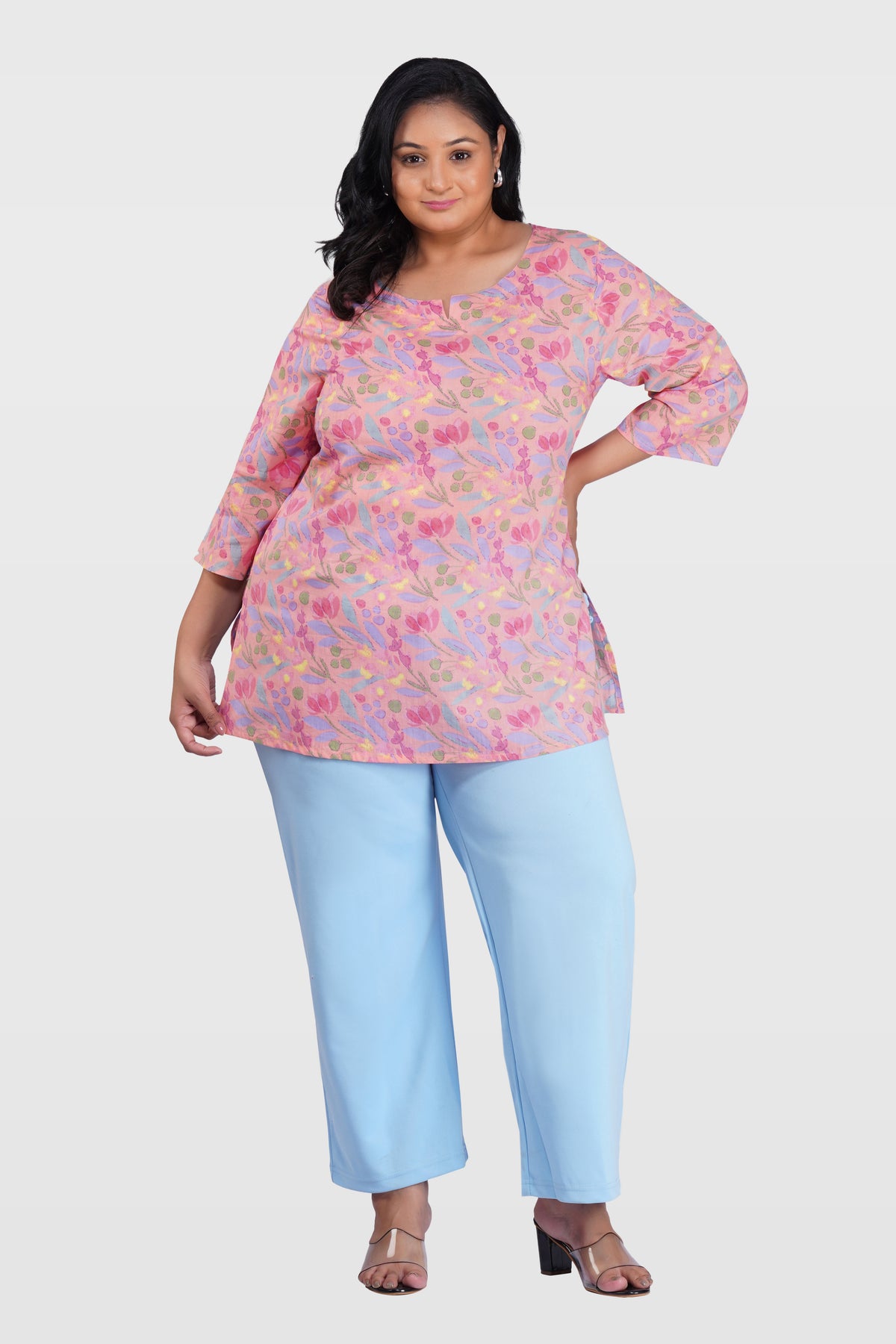 Pastel Peach Plus Size Cotton Printed Kurti