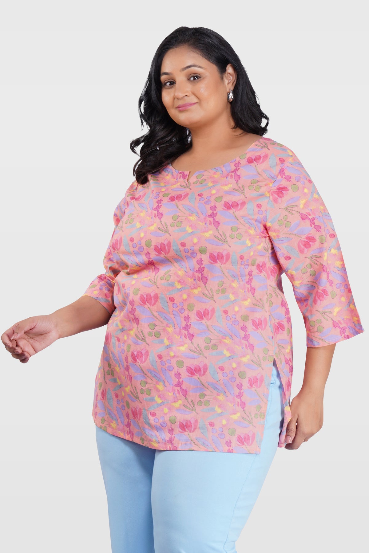 Pastel Peach Plus Size Cotton Printed Kurti