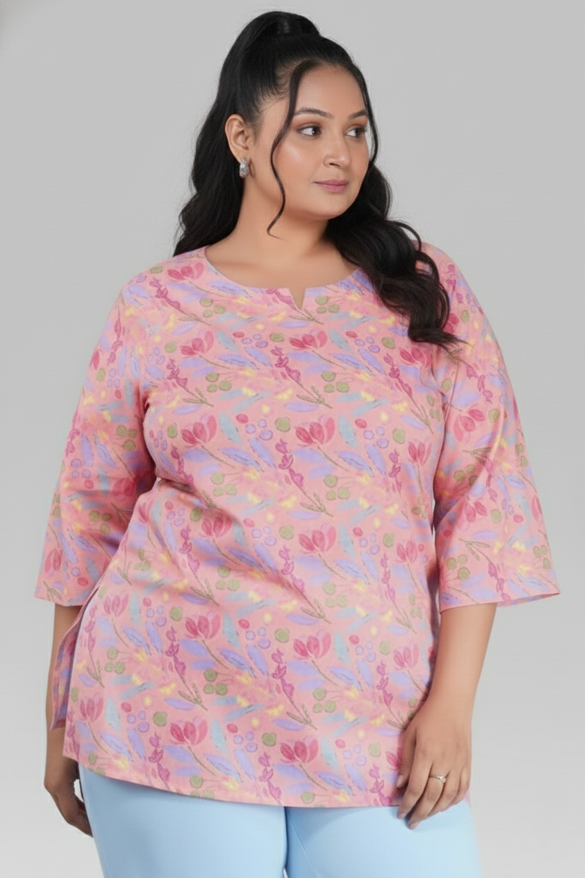 Pastel Peach Plus Size Cotton Printed Kurti