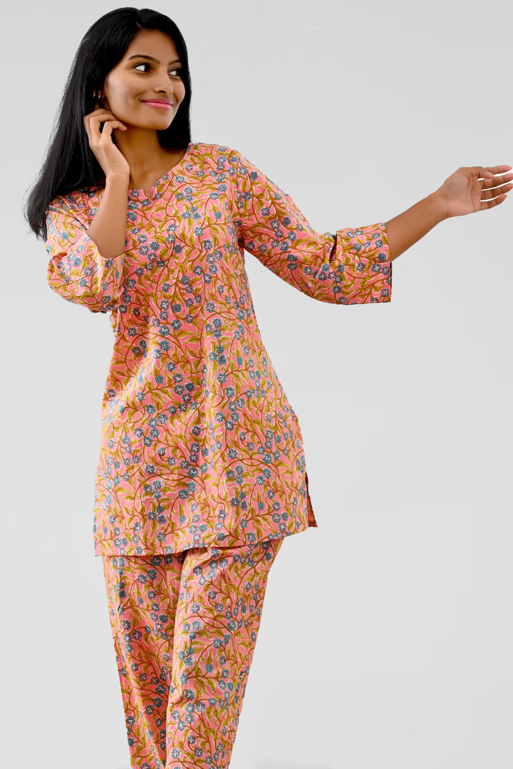 Peach Cotton Printed Pyjama Set