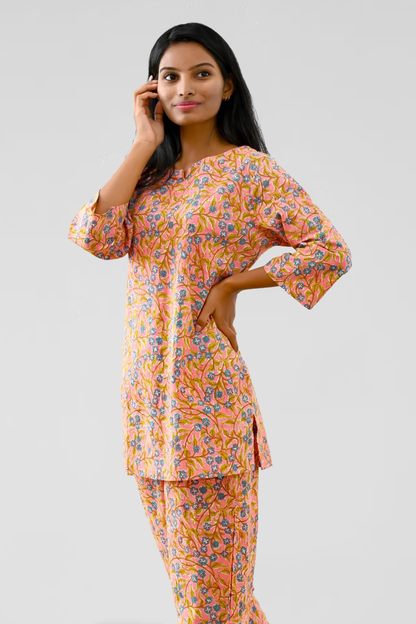 Peach Cotton Printed Pyjama Set